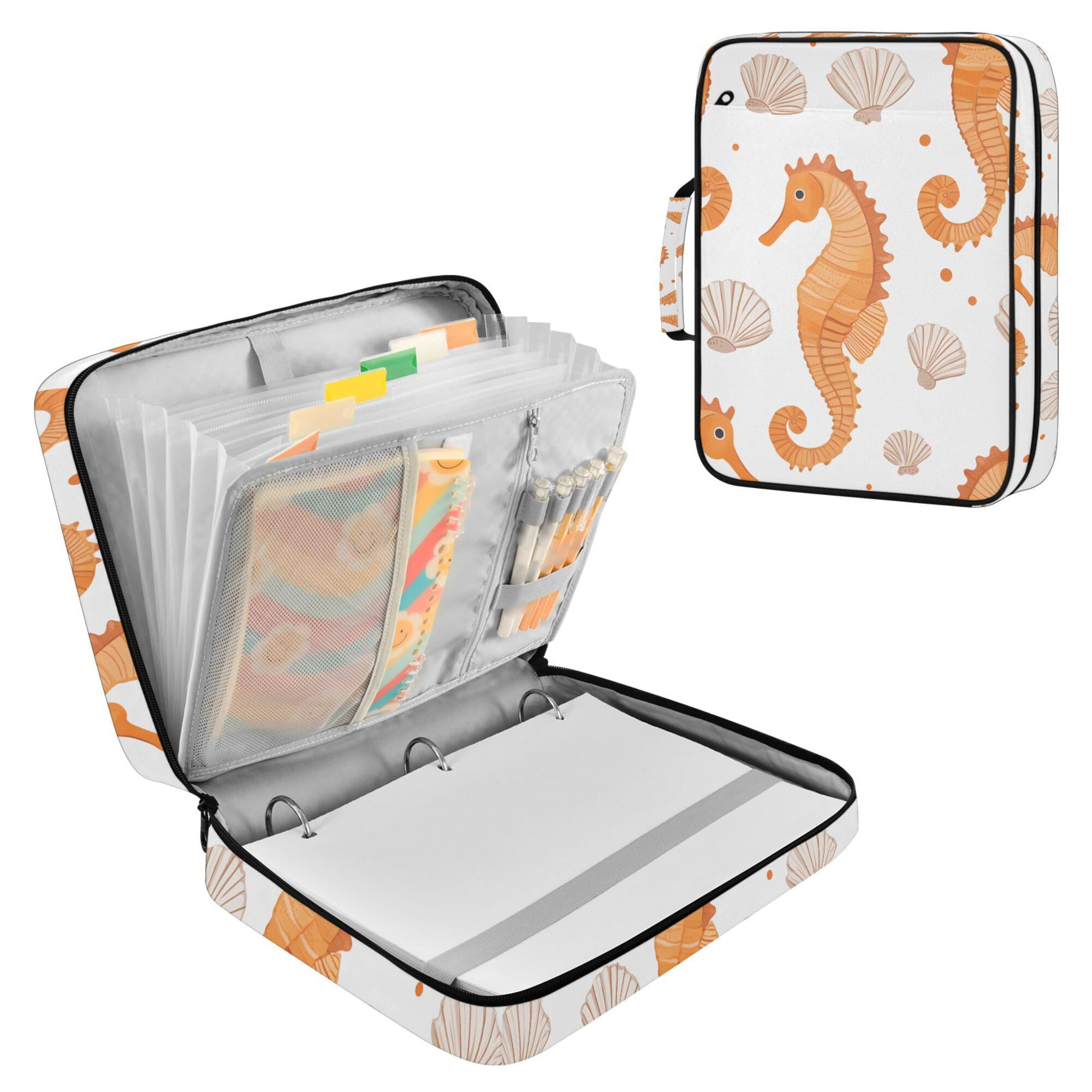 FORMRS Accordion File Folder A4 Size 7-Pocket Expanding Document Organizer Bag with 3 Ring Binder, Orange Seahorse