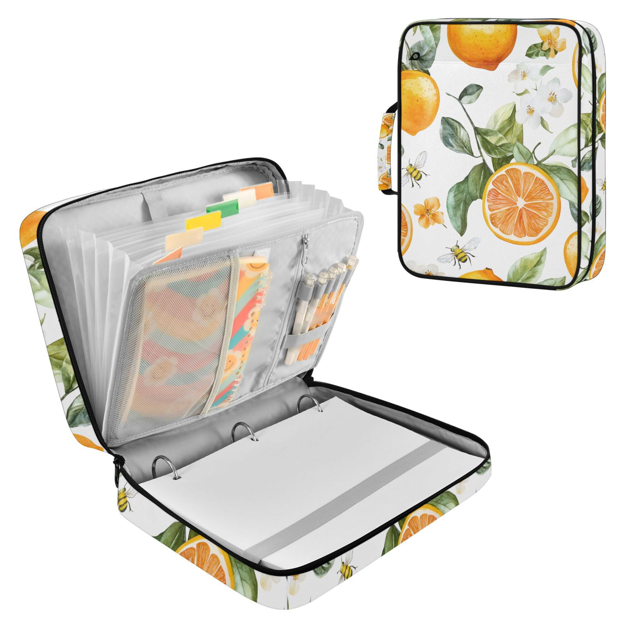FORMRS Accordion File Folder A4 Size 7-Pocket Expanding Document Organizer Bag with 3 Ring Binder, Orange Watercolor Bees