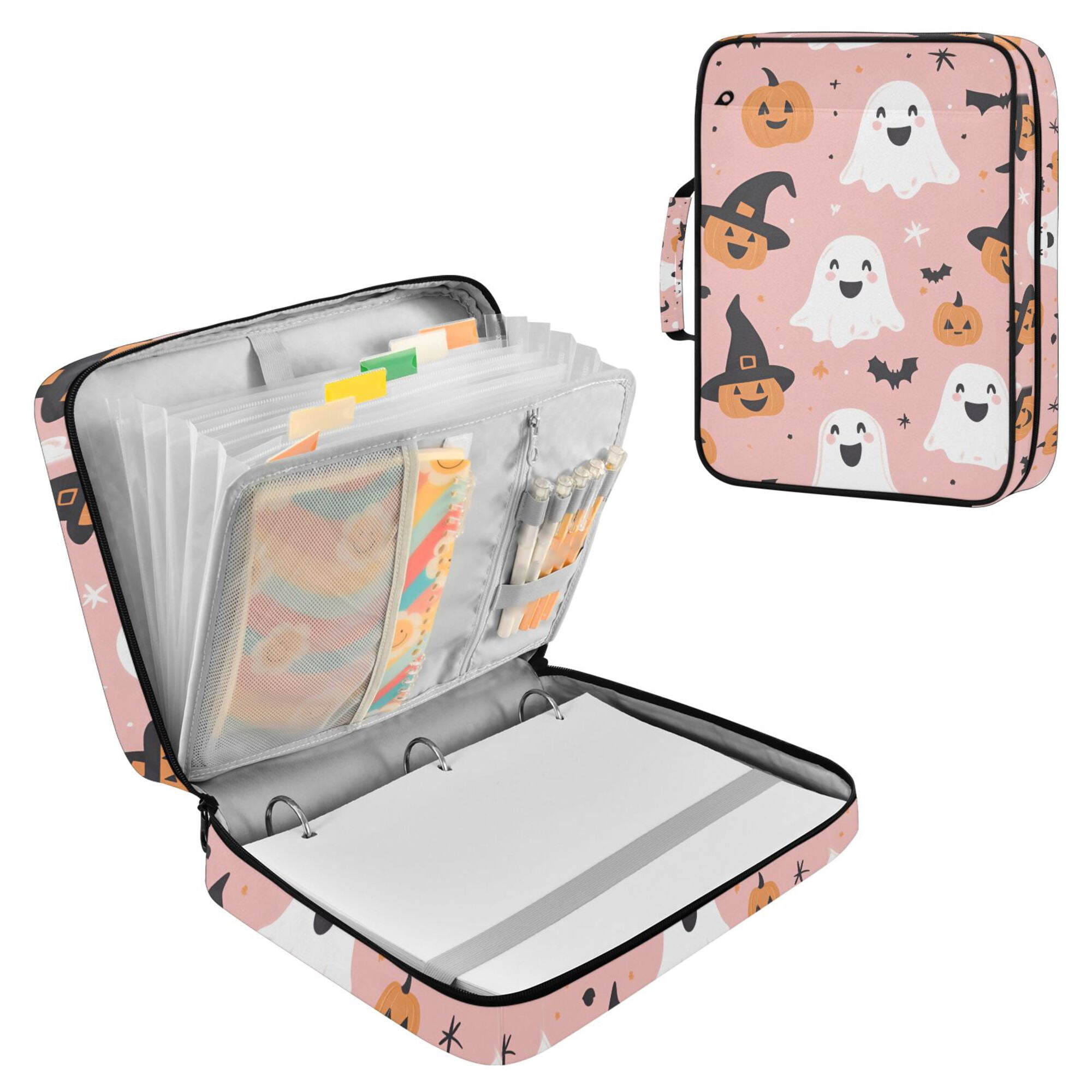 FORMRS Accordion File Folder A4 Size 7-Pocket Expanding Document Organizer Bag with 3 Ring Binder, Pastel Pink Halloween