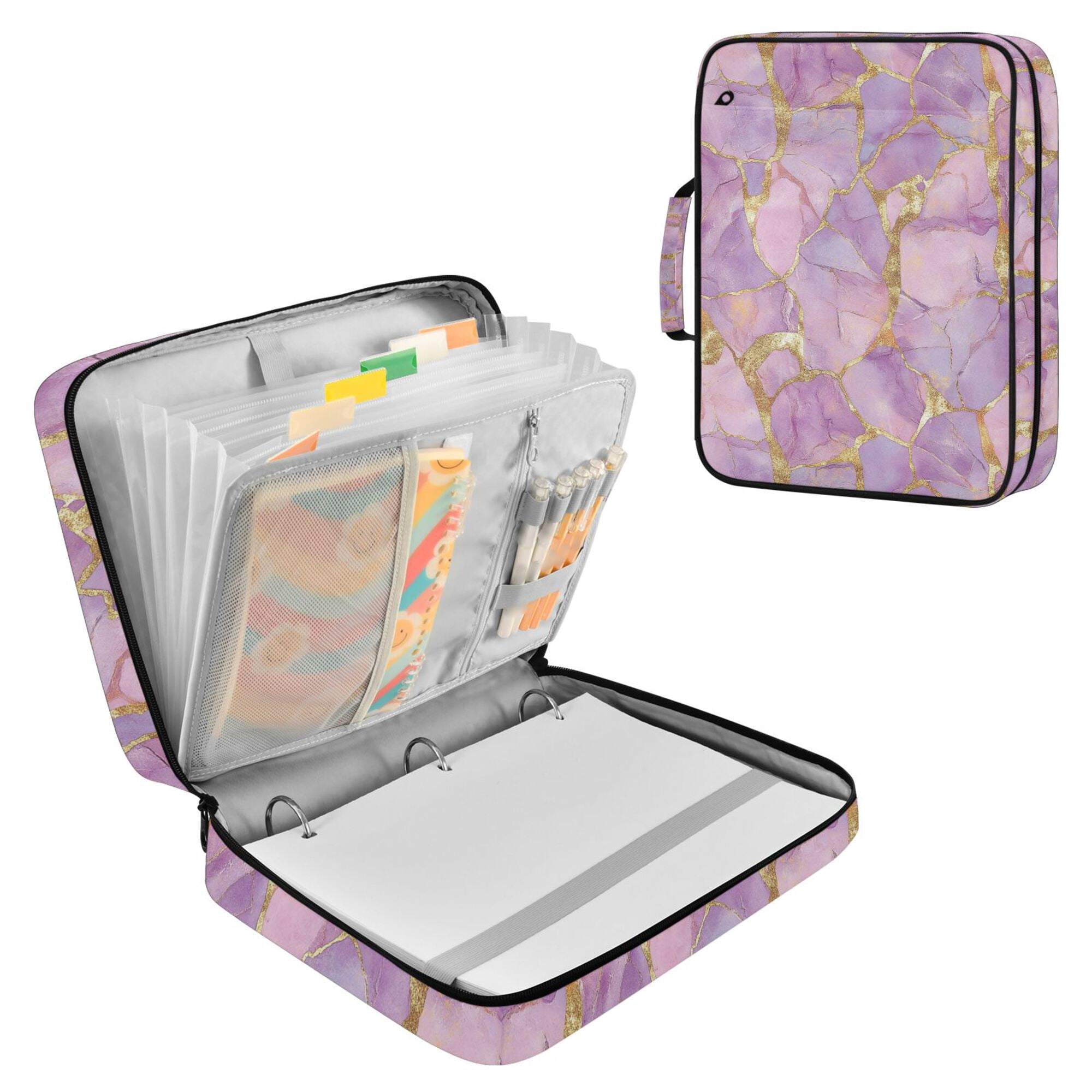 FORMRS Accordion File Folder A4 Size 7-Pocket Expanding Document Organizer Bag with 3 Ring Binder, Pastel Pink Marble Pattern