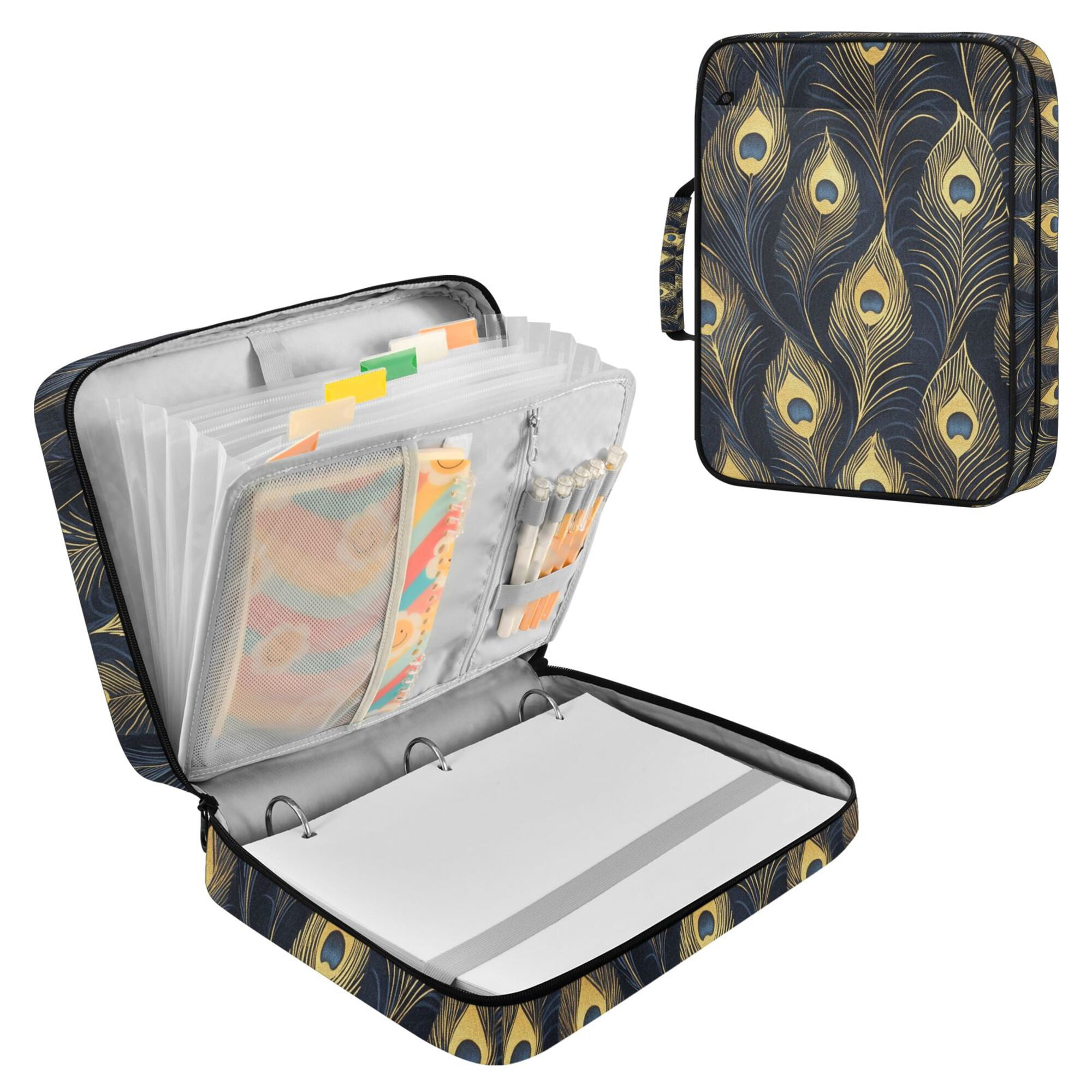 FORMRS Accordion File Folder A4 Size 7-Pocket Expanding Document Organizer Bag with 3 Ring Binder, Peacock Feathers Pattern