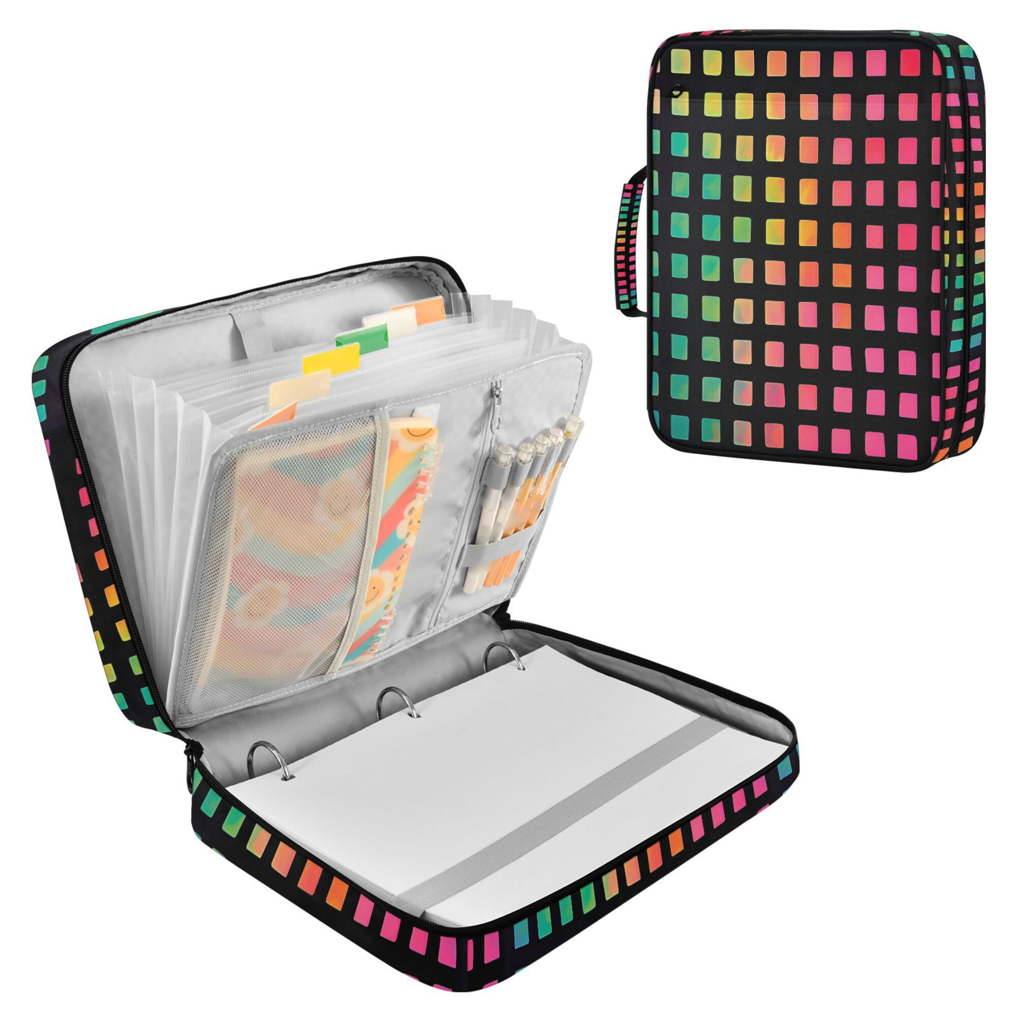 FORMRS Accordion File Folder A4 Size 7-Pocket Expanding Document Organizer Bag with 3 Ring Binder, Pink Block Pattern