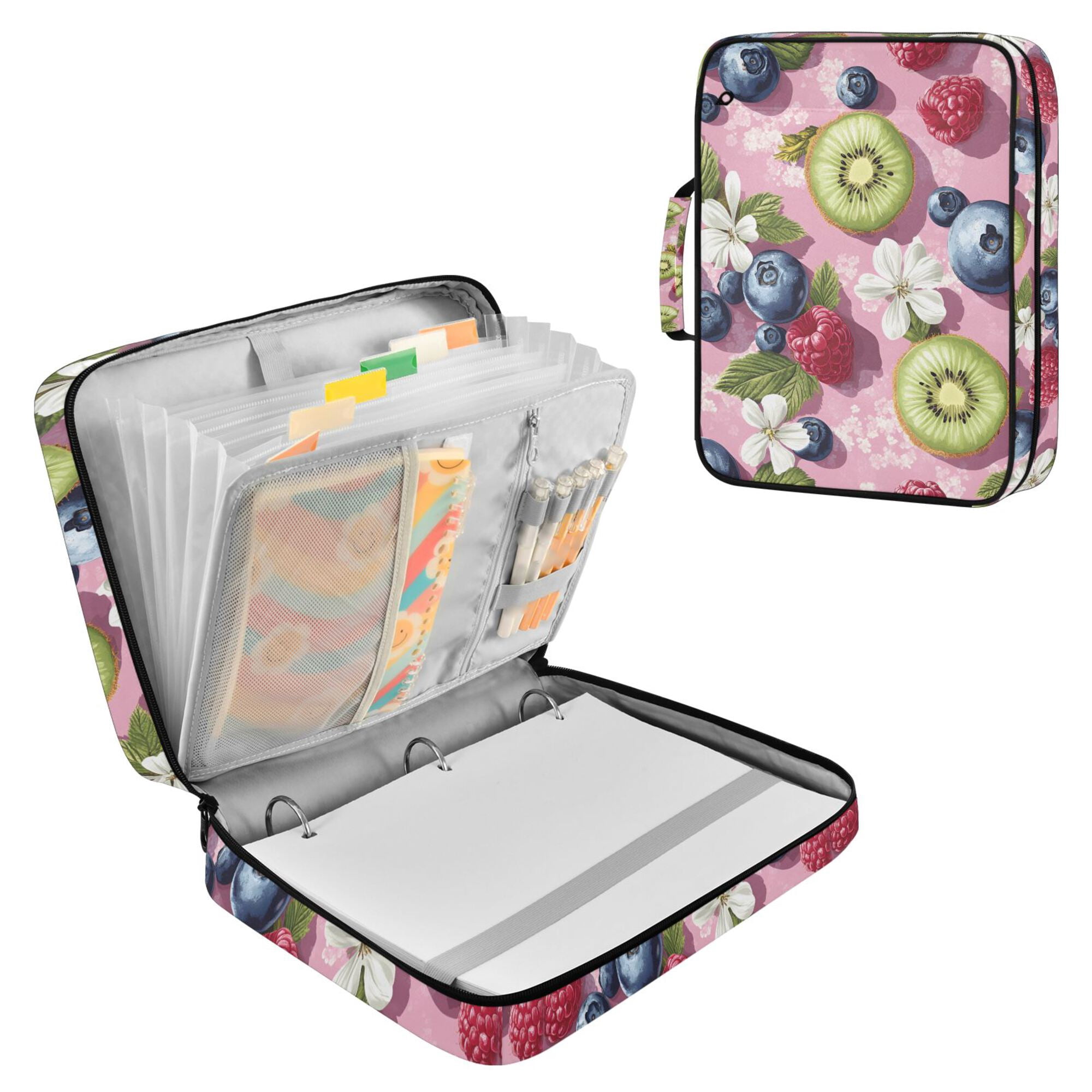 FORMRS Accordion File Folder A4 Size 7-Pocket Expanding Document Organizer Bag with 3 Ring Binder, Pink Blueberries