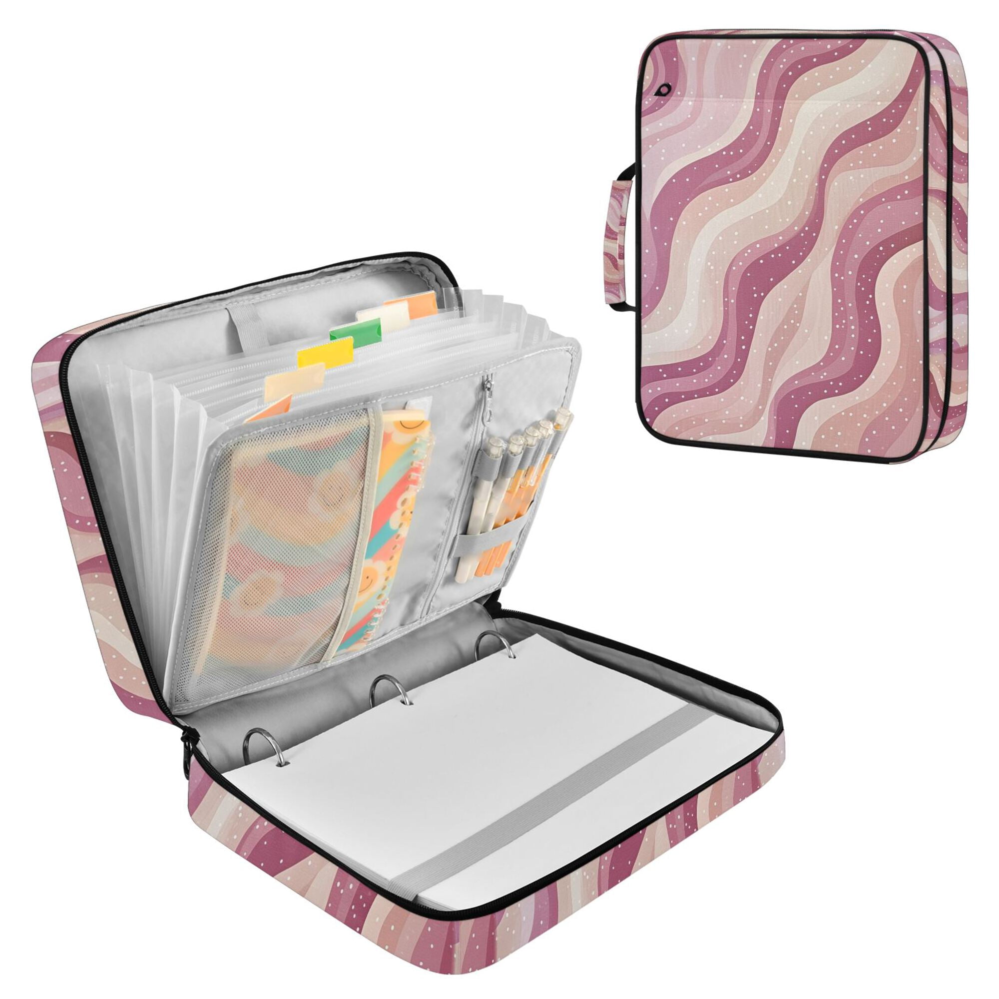 FORMRS Accordion File Folder A4 Size 7-Pocket Expanding Document Organizer Bag with 3 Ring Binder, Pink Brown Pattern