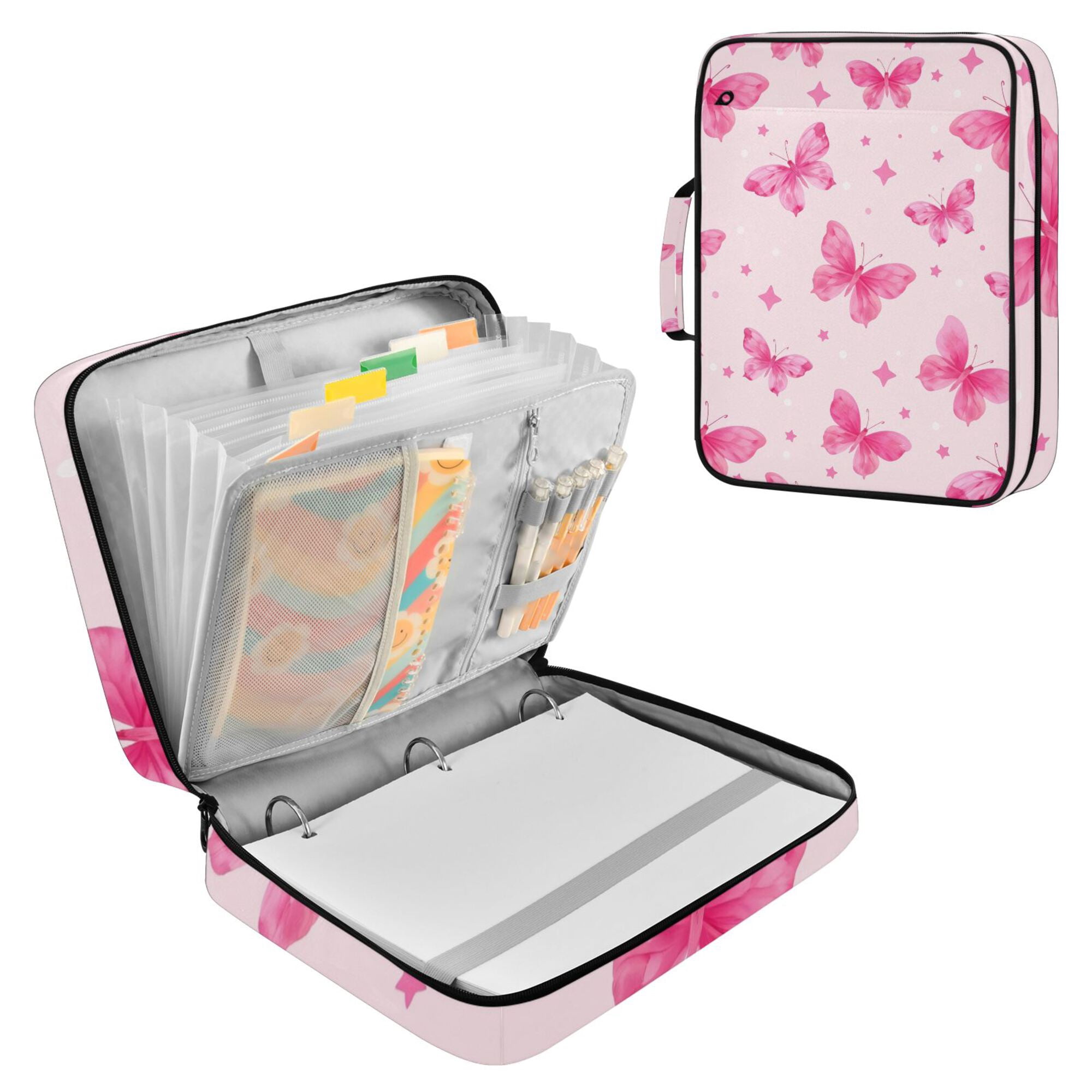 FORMRS Accordion File Folder A4 Size 7-Pocket Expanding Document Organizer Bag with 3 Ring Binder, Pink Butterfly Pattern