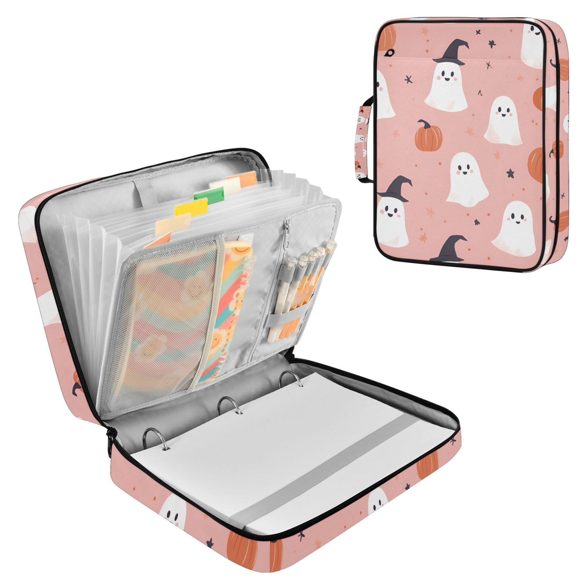 FORMRS Accordion File Folder A4 Size 7-Pocket Expanding Document Organizer Bag with 3 Ring Binder, Pink Cartoon Halloween