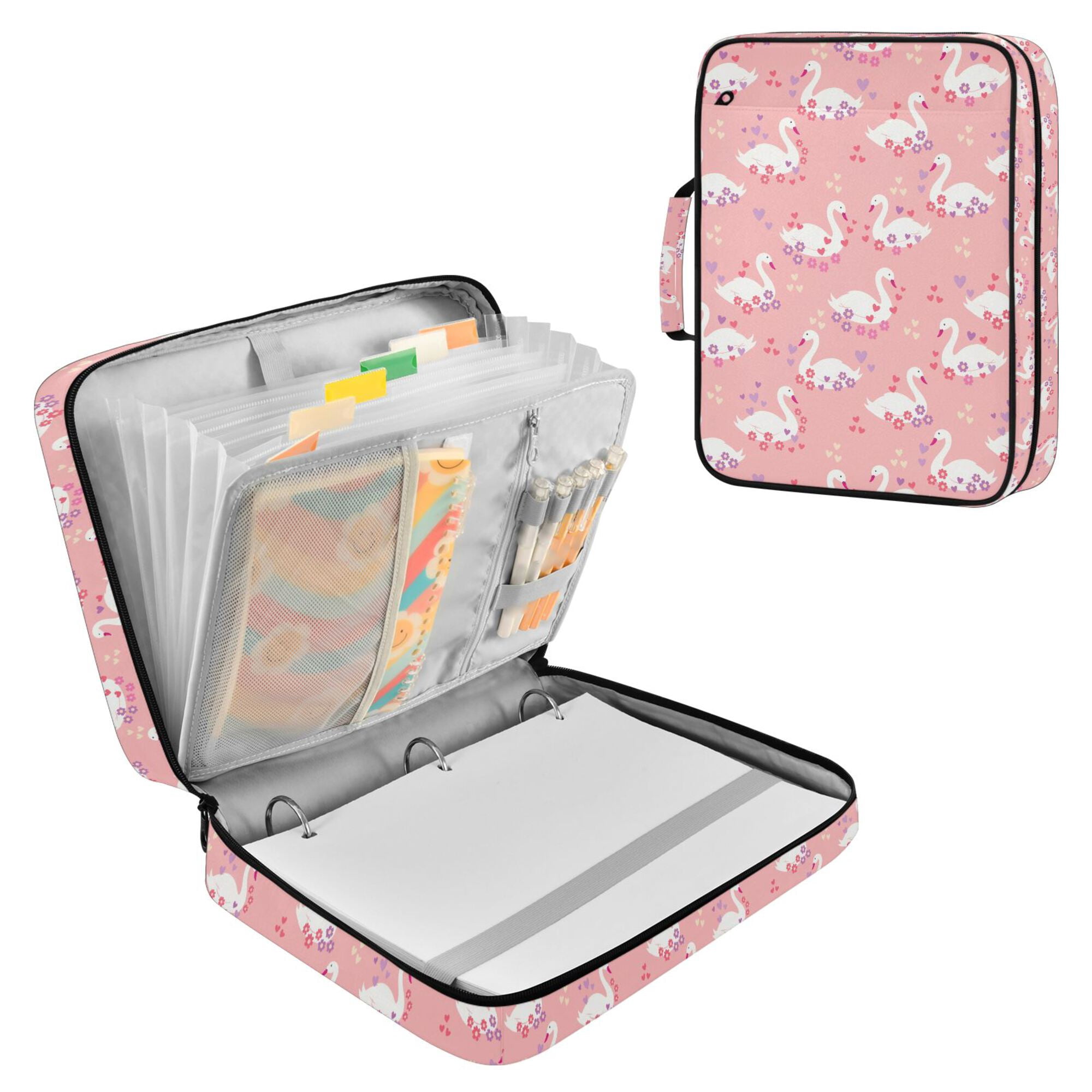 FORMRS Accordion File Folder A4 Size 7-Pocket Expanding Document Organizer Bag with 3 Ring Binder, Pink Cartoon Swans Pattern
