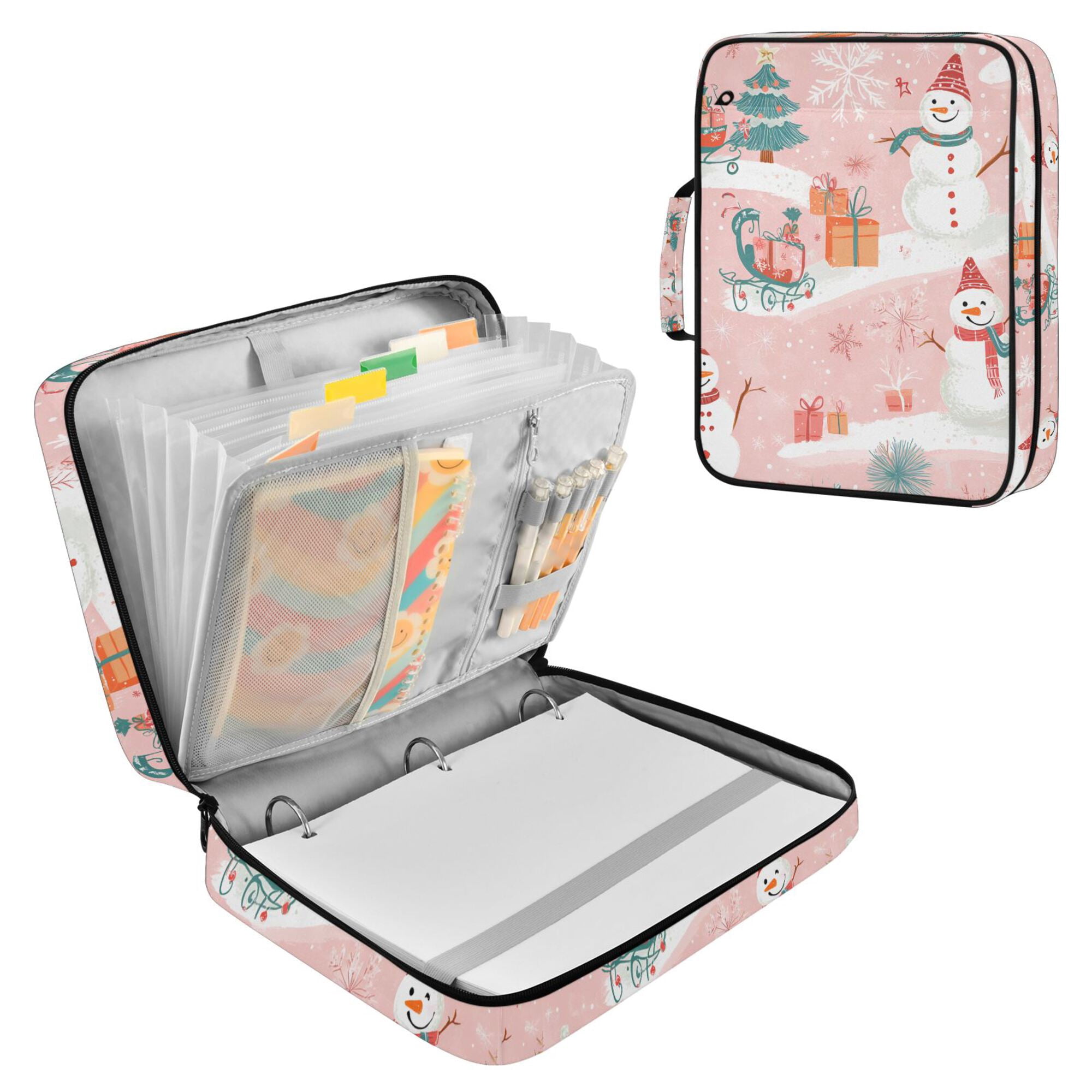 FORMRS Accordion File Folder A4 Size 7-Pocket Expanding Document Organizer Bag with 3 Ring Binder, Pink Christmas Snowman