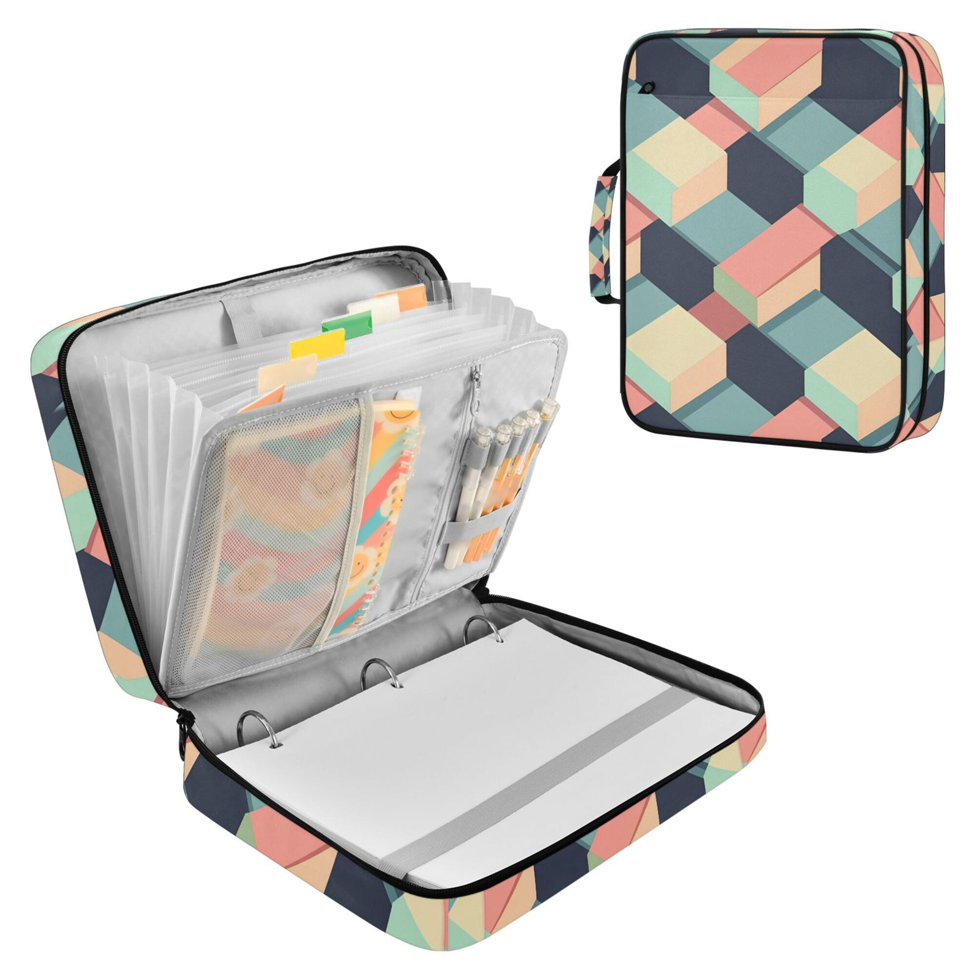 FORMRS Accordion File Folder A4 Size 7-Pocket Expanding Document Organizer Bag with 3 Ring Binder, Pink Cubes