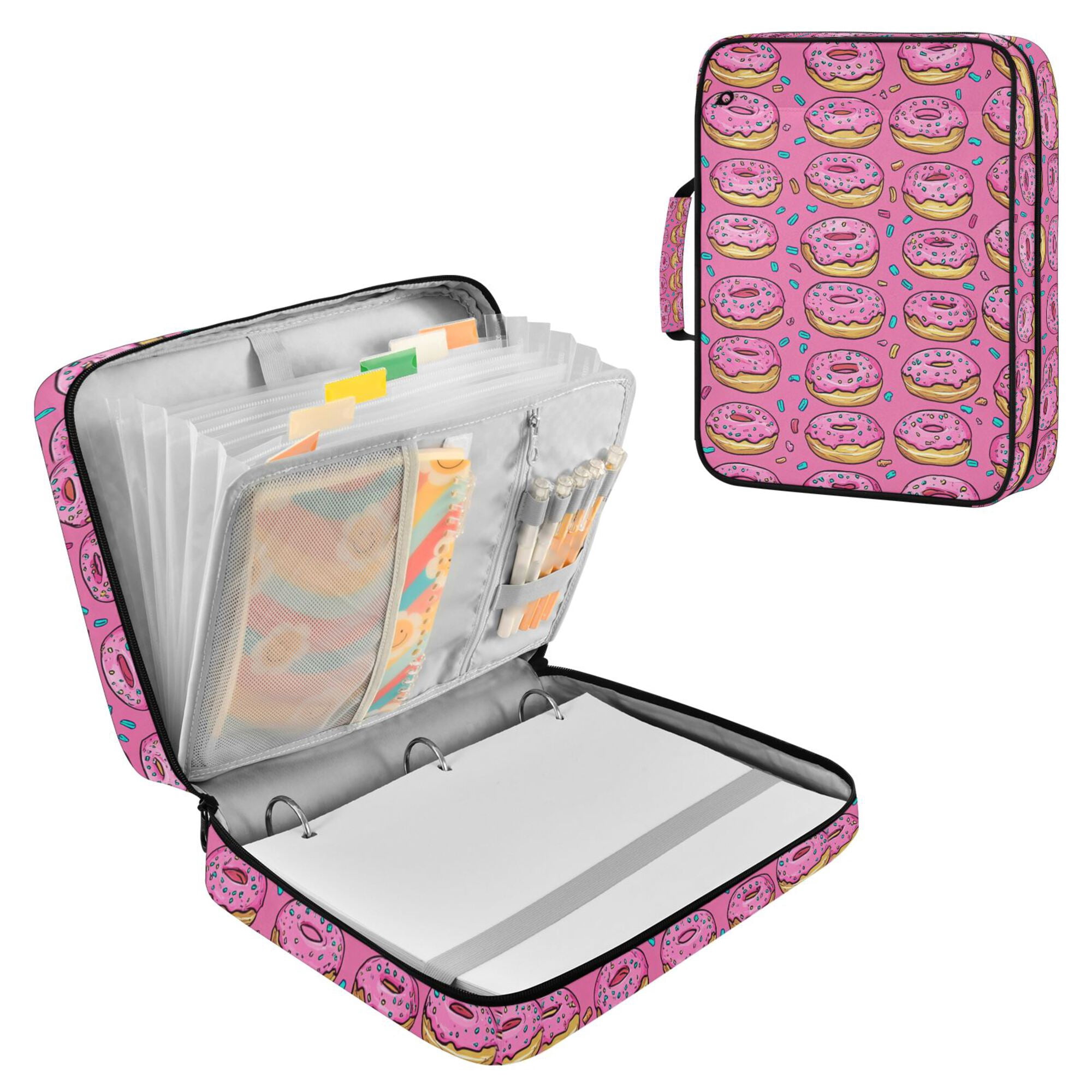 FORMRS Accordion File Folder A4 Size 7-Pocket Expanding Document Organizer Bag with 3 Ring Binder, Pink Doughnuts