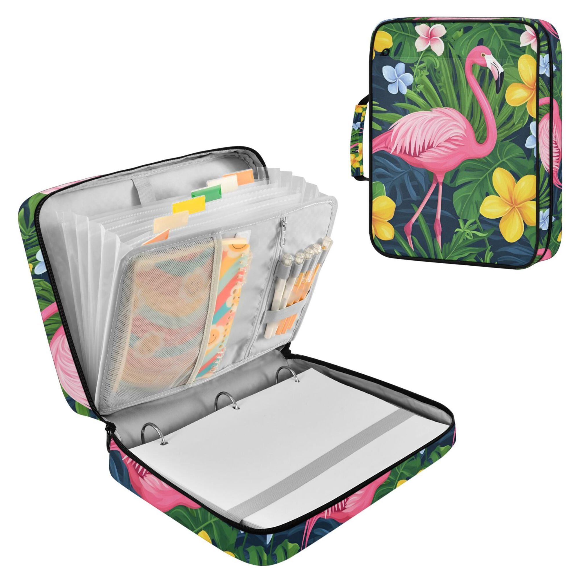 FORMRS Accordion File Folder A4 Size 7-Pocket Expanding Document Organizer Bag with 3 Ring Binder, Pink Flamingo Pattern