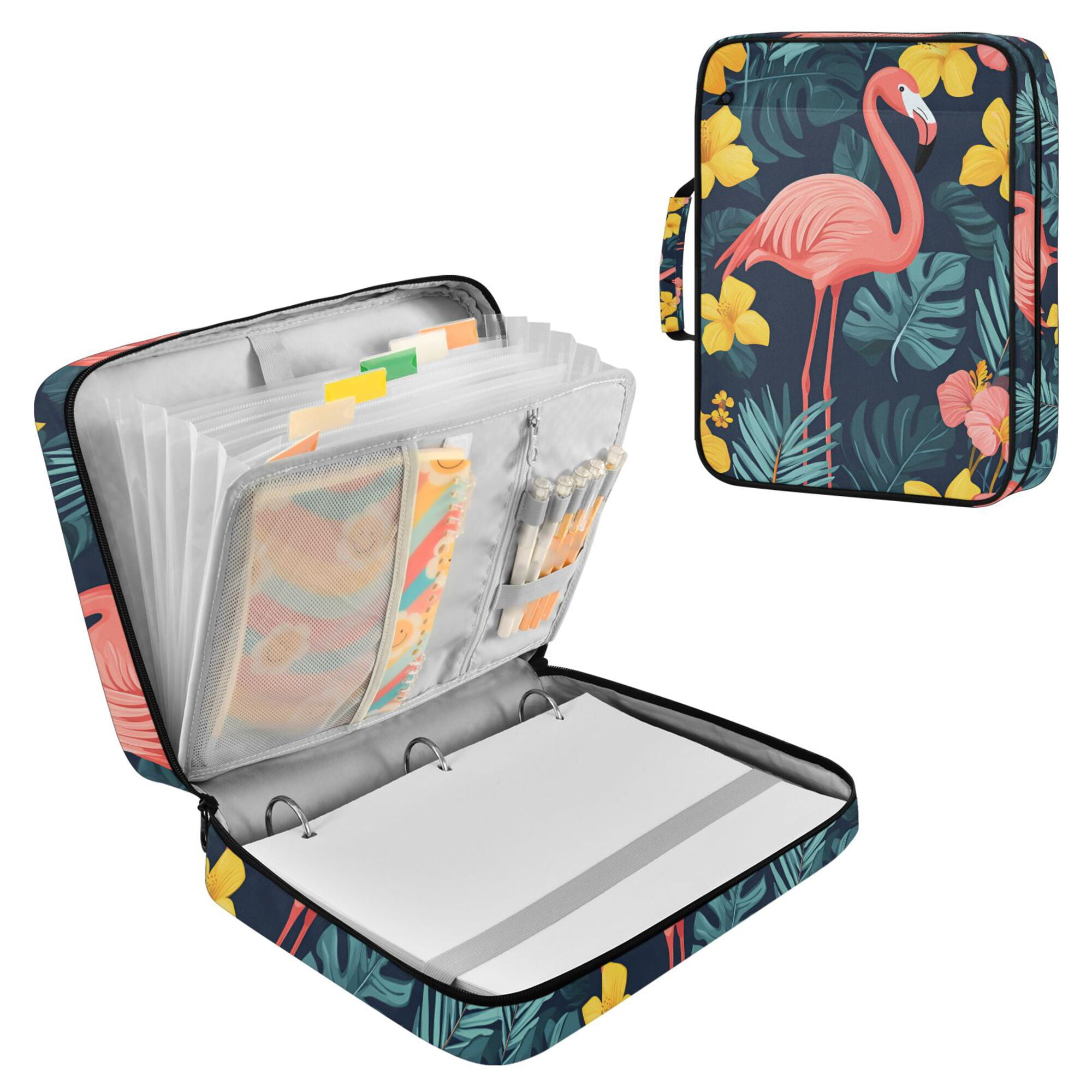FORMRS Accordion File Folder A4 Size 7-Pocket Expanding Document Organizer Bag with 3 Ring Binder, Pink Floral Flamingo