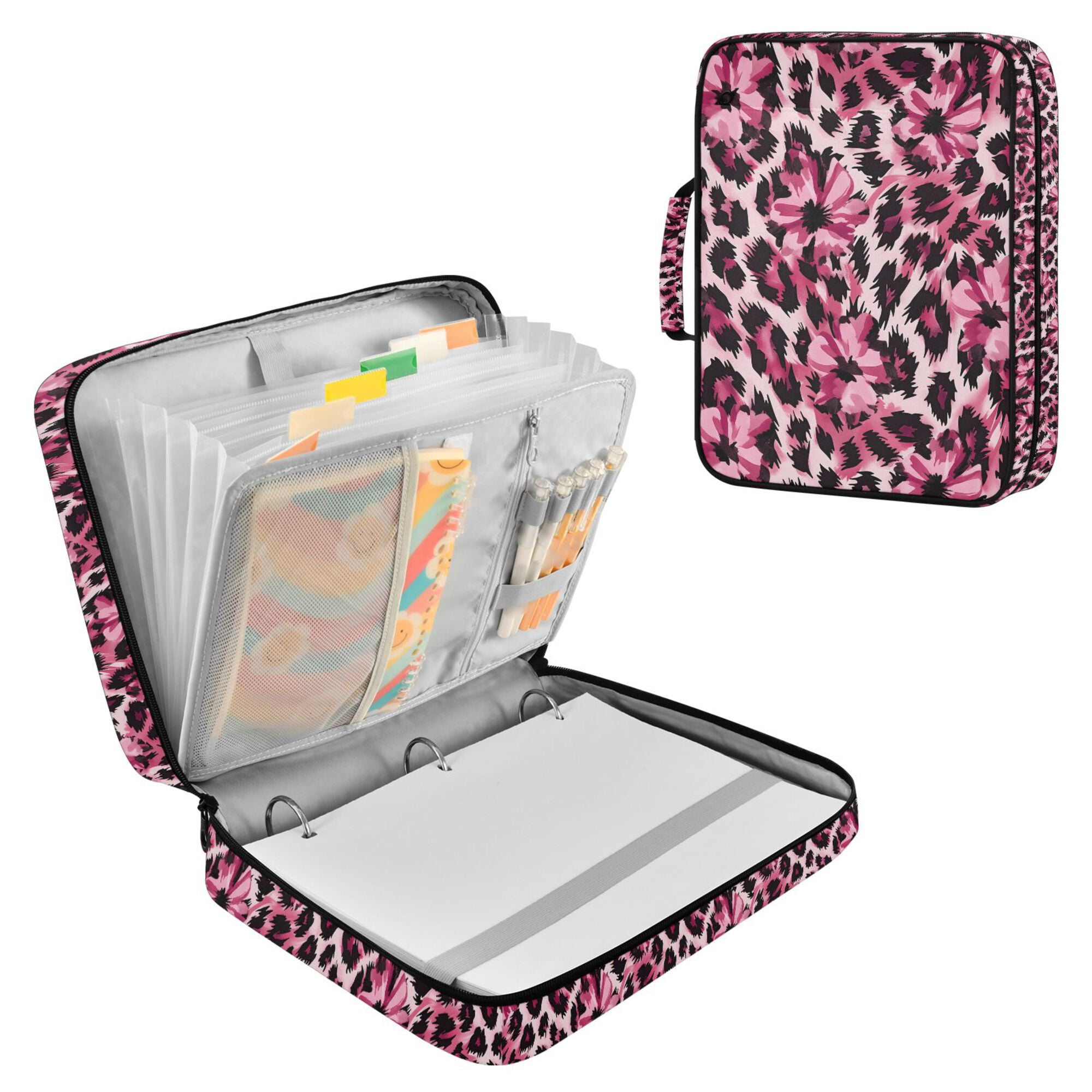 FORMRS Accordion File Folder A4 Size 7-Pocket Expanding Document Organizer Bag with 3 Ring Binder, Pink Floral Leopard Pattern