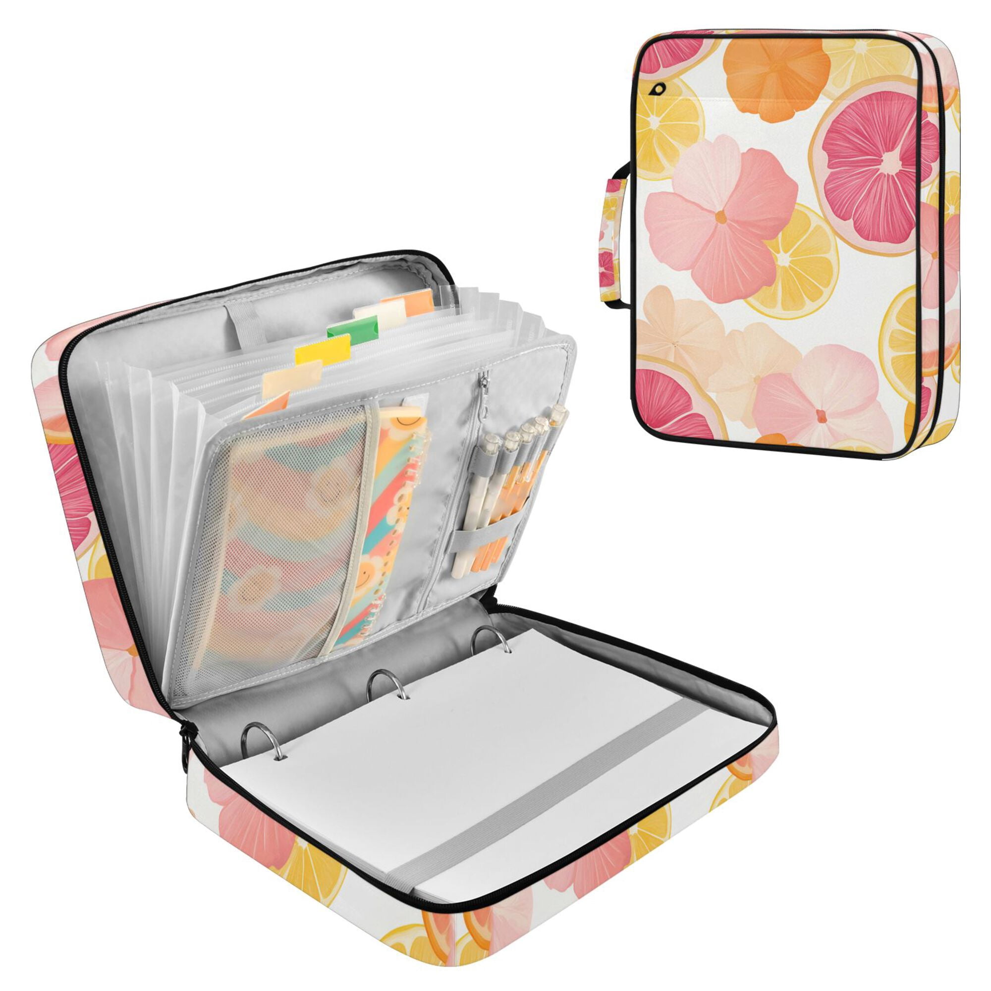 FORMRS Accordion File Folder A4 Size 7-Pocket Expanding Document Organizer Bag with 3 Ring Binder, Pink Floral Orange