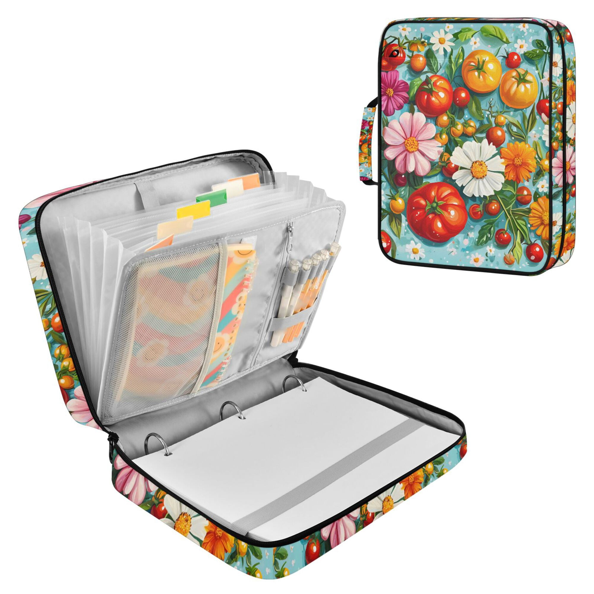 FORMRS Accordion File Folder A4 Size 7-Pocket Expanding Document Organizer Bag with 3 Ring Binder, Pink Floral Tomatoes