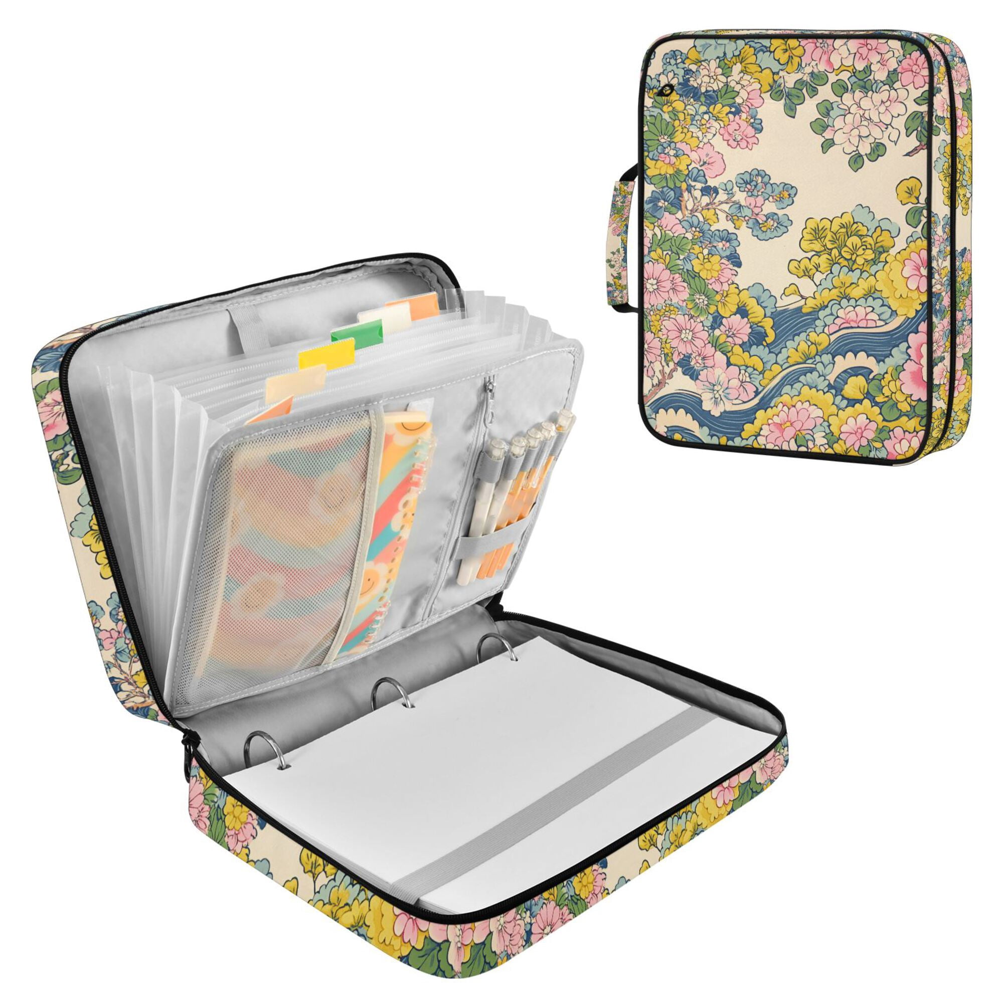 FORMRS Accordion File Folder A4 Size 7-Pocket Expanding Document Organizer Bag with 3 Ring Binder, Pink Floral Wave