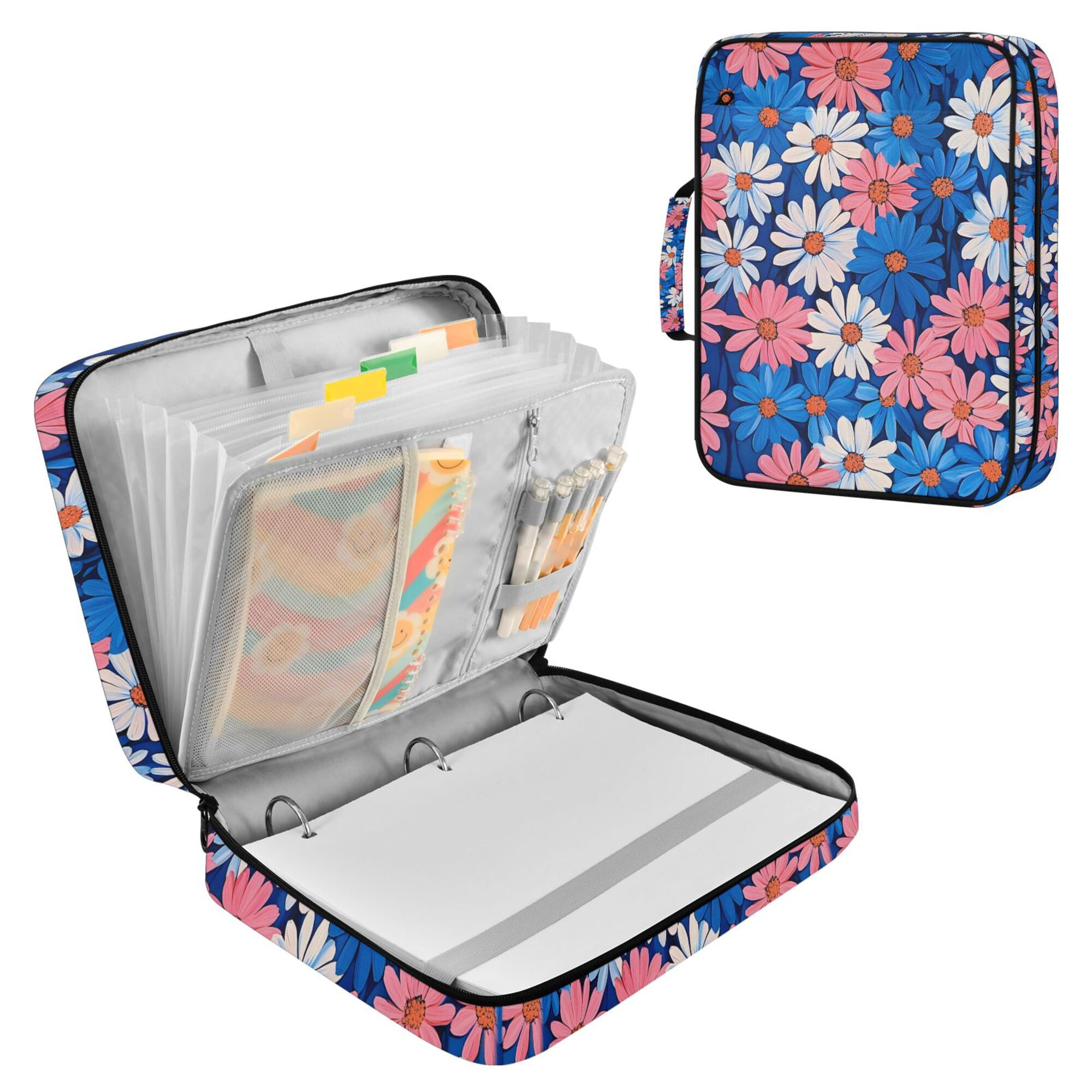 FORMRS Accordion File Folder A4 Size 7-Pocket Expanding Document Organizer Bag with 3 Ring Binder, Pink Flowers Pattern