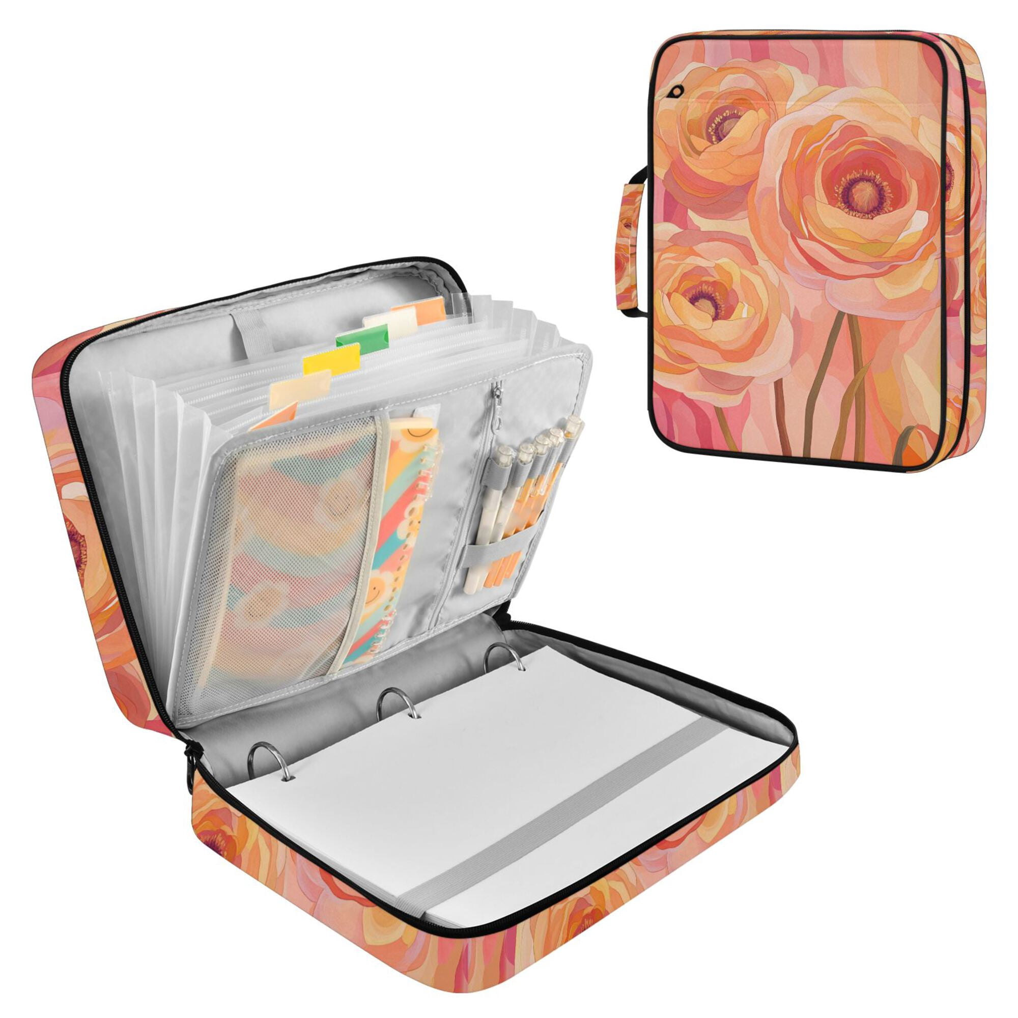 FORMRS Accordion File Folder A4 Size 7-Pocket Expanding Document Organizer Bag with 3 Ring Binder, Pink Flowers