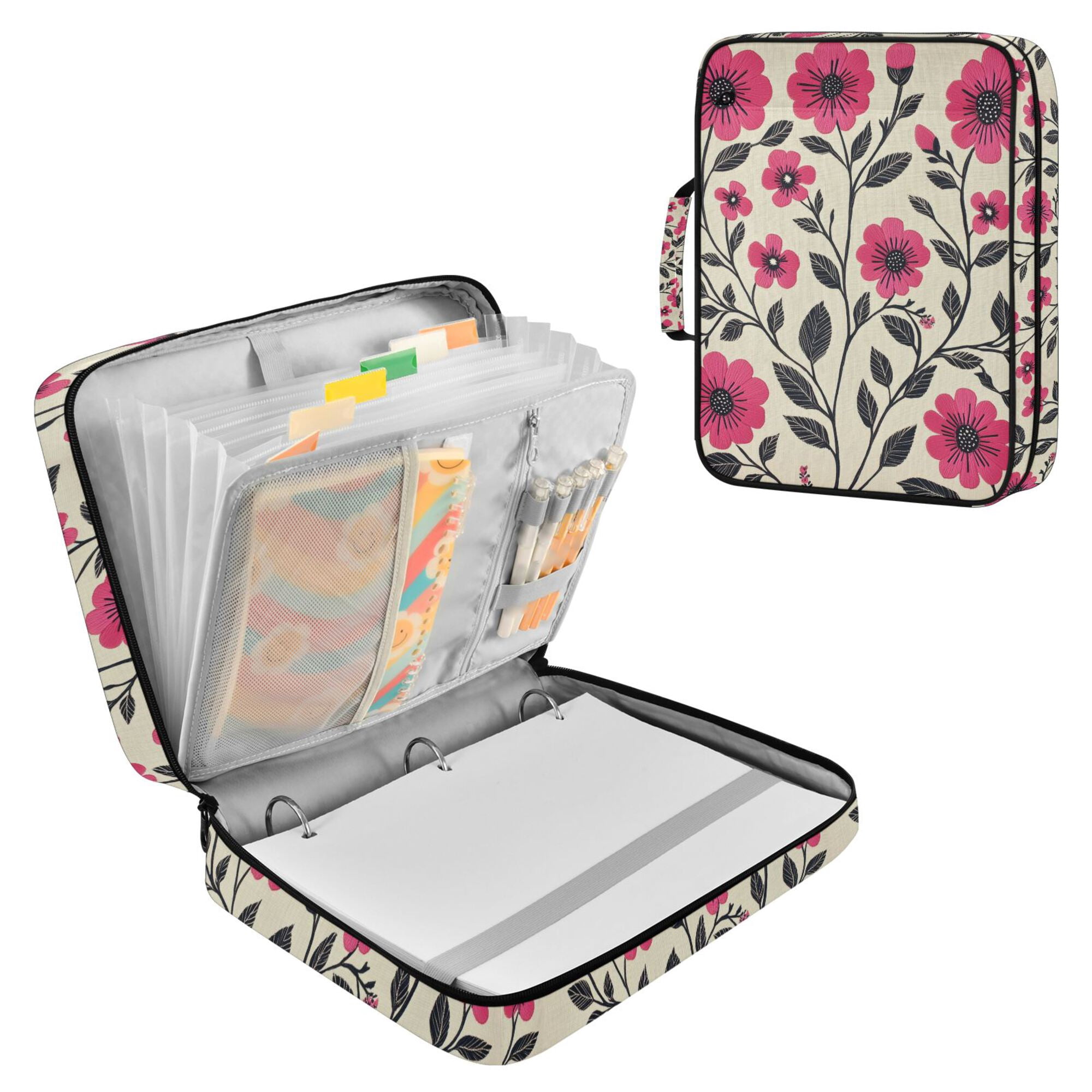 FORMRS Accordion File Folder A4 Size 7-Pocket Expanding Document Organizer Bag with 3 Ring Binder, Pink Flowers