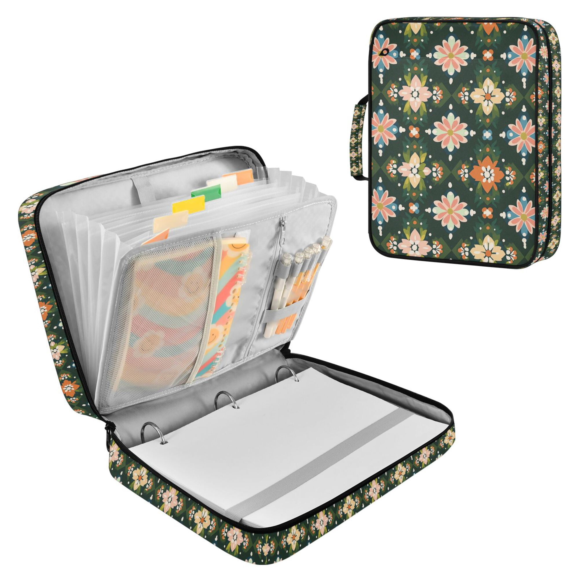 FORMRS Accordion File Folder A4 Size 7-Pocket Expanding Document Organizer Bag with 3 Ring Binder, Pink Geometric Flowers