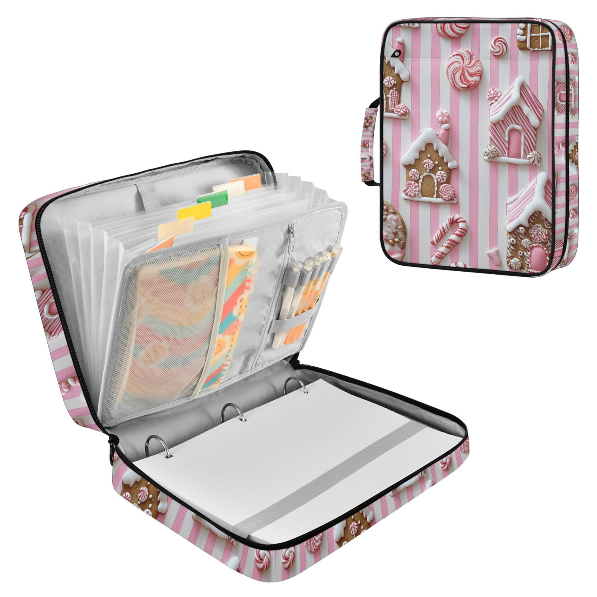 FORMRS Accordion File Folder A4 Size 7-Pocket Expanding Document Organizer Bag with 3 Ring Binder, Pink Gingerbread Houses