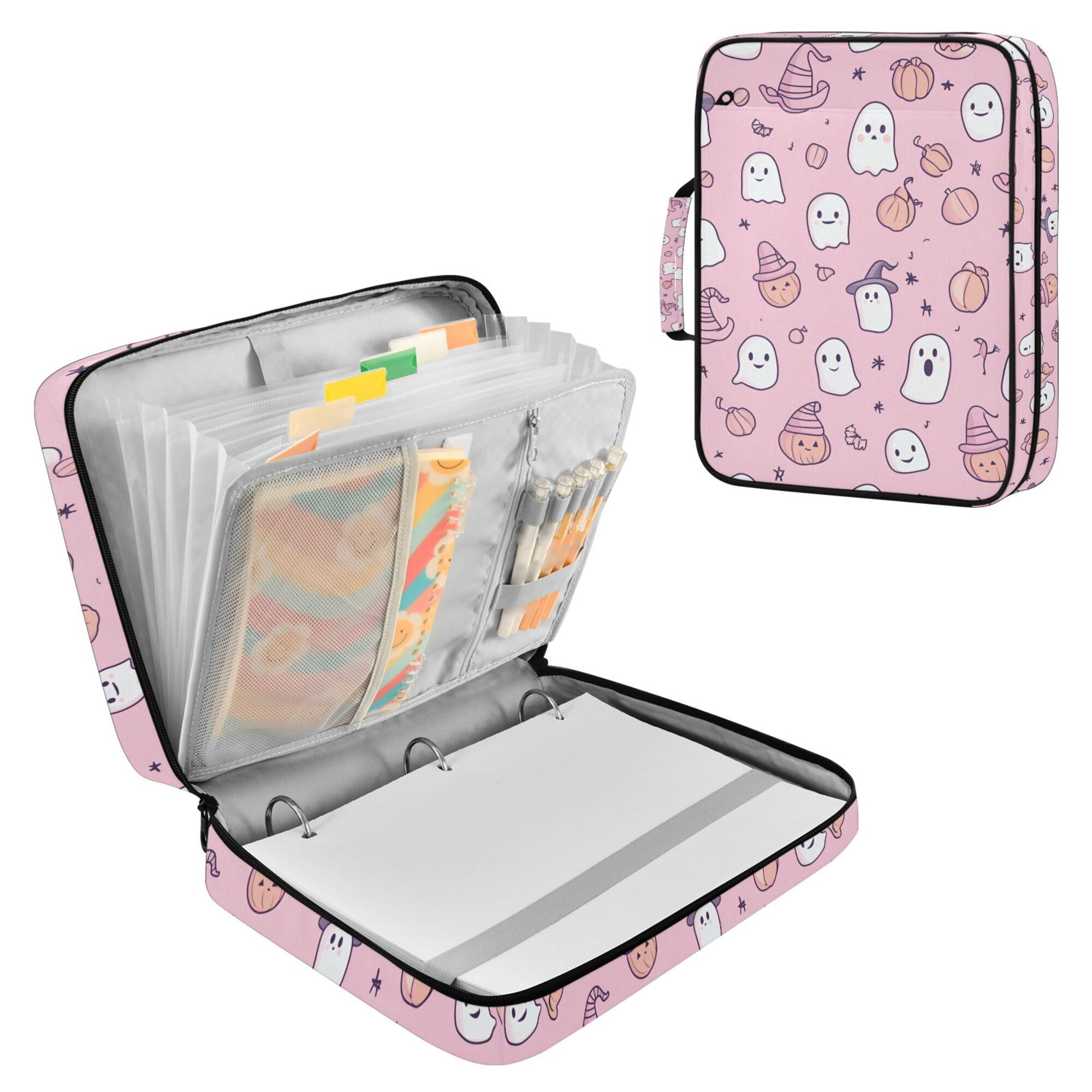 FORMRS Accordion File Folder A4 Size 7-Pocket Expanding Document Organizer Bag with 3 Ring Binder, Pink Halloween