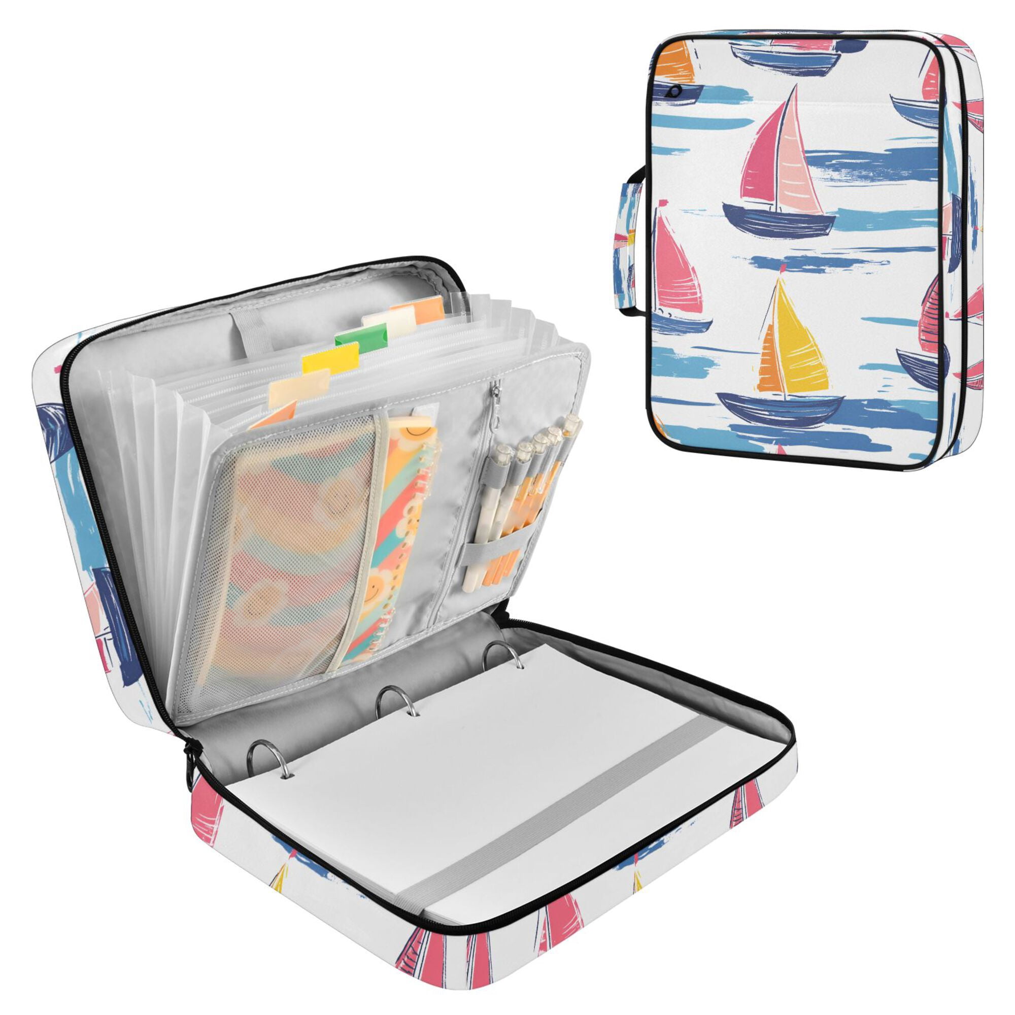 FORMRS Accordion File Folder A4 Size 7-Pocket Expanding Document Organizer Bag with 3 Ring Binder, Pink Hand Drawn Sailboats
