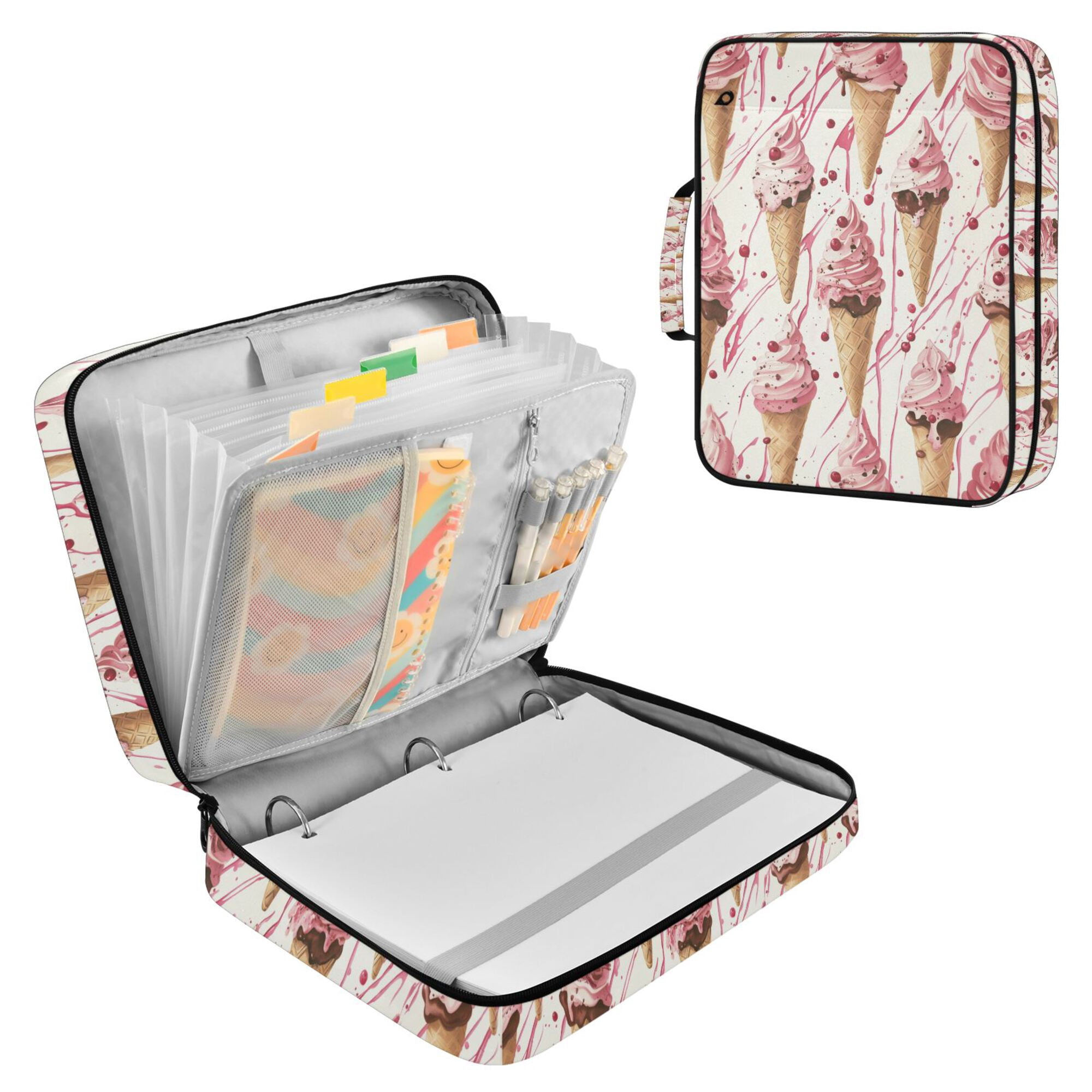 FORMRS Accordion File Folder A4 Size 7-Pocket Expanding Document Organizer Bag with 3 Ring Binder, Pink Ice Cream Pattern