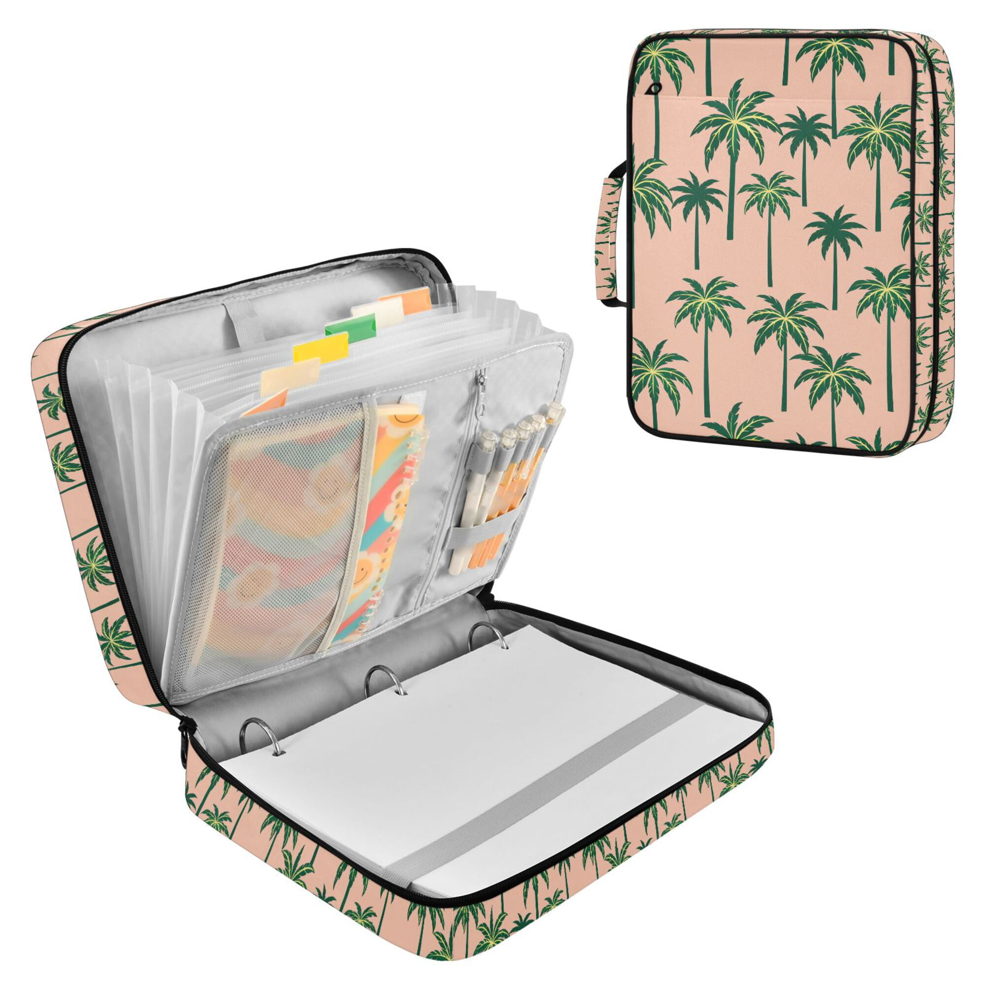 FORMRS Accordion File Folder A4 Size 7-Pocket Expanding Document Organizer Bag with 3 Ring Binder, Pink Palm Trees