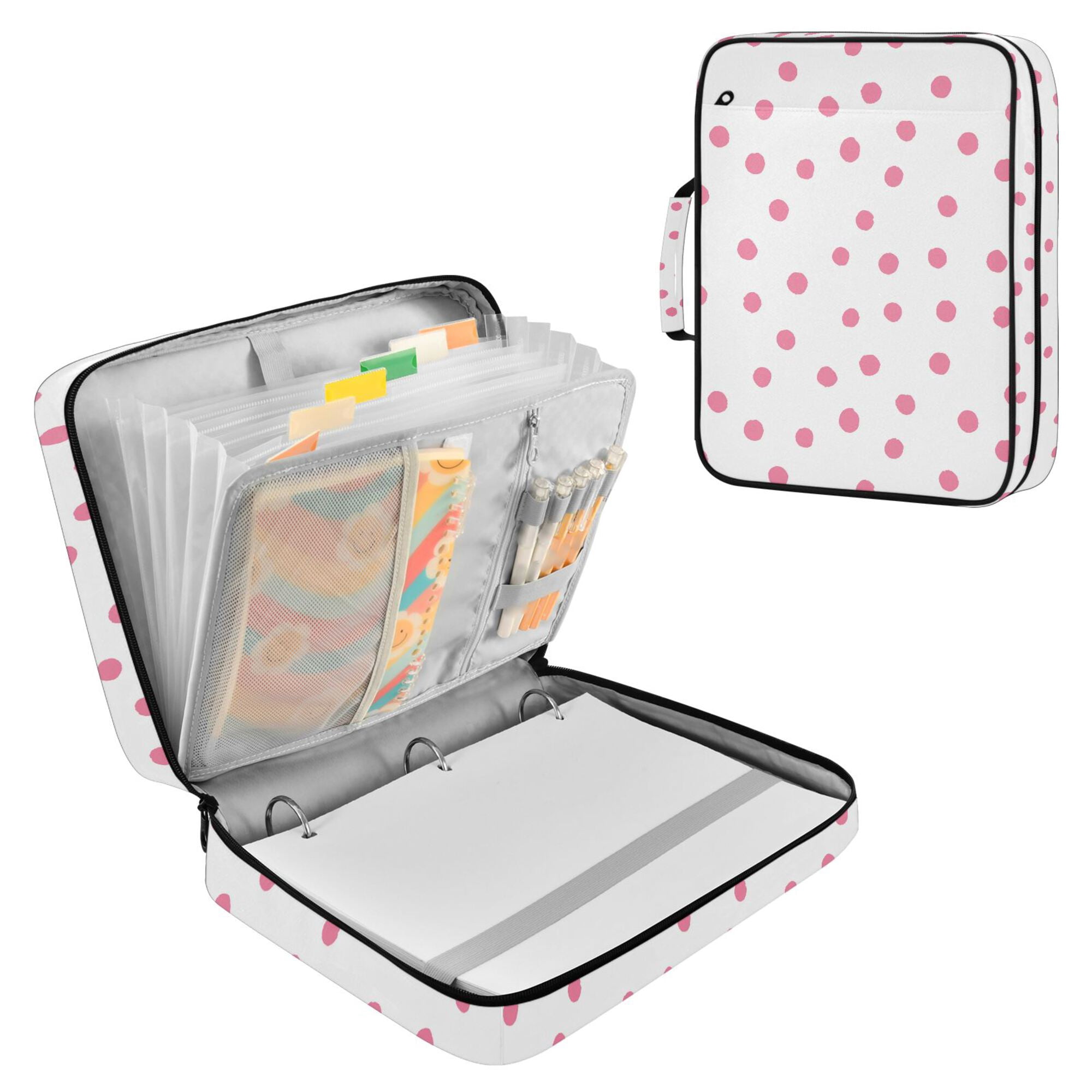 FORMRS Accordion File Folder A4 Size 7-Pocket Expanding Document Organizer Bag with 3 Ring Binder, Pink Polka Dots