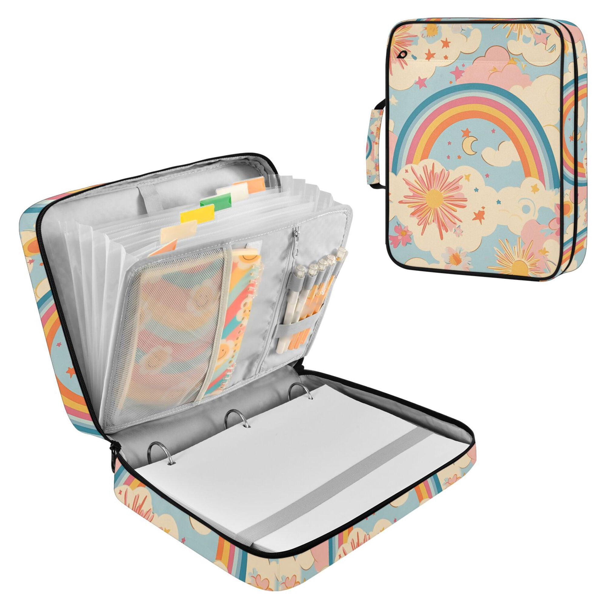 FORMRS Accordion File Folder A4 Size 7-Pocket Expanding Document Organizer Bag with 3 Ring Binder, Pink Retro Sun