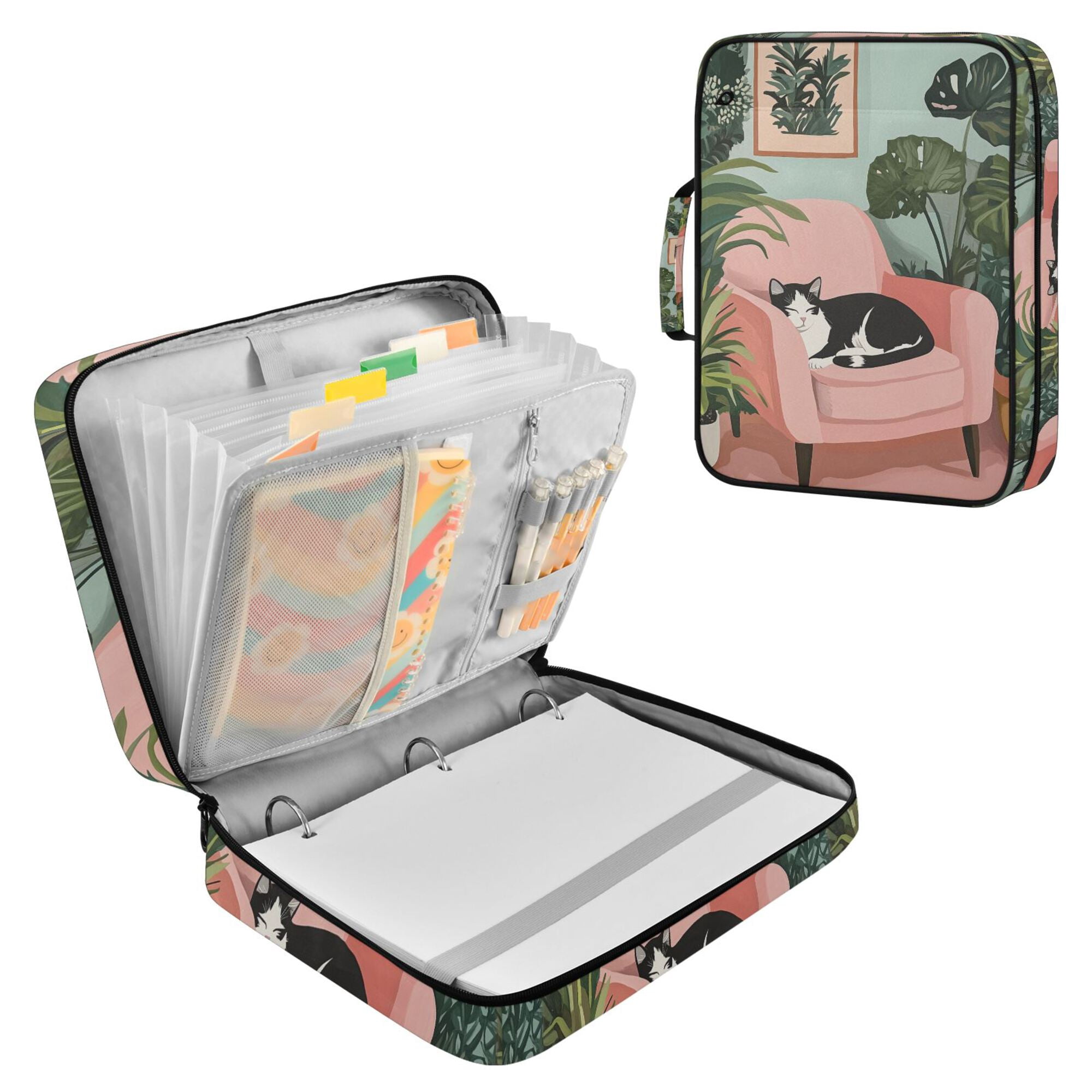 FORMRS Accordion File Folder A4 Size 7-Pocket Expanding Document Organizer Bag with 3 Ring Binder, Pink Sleeping Cat