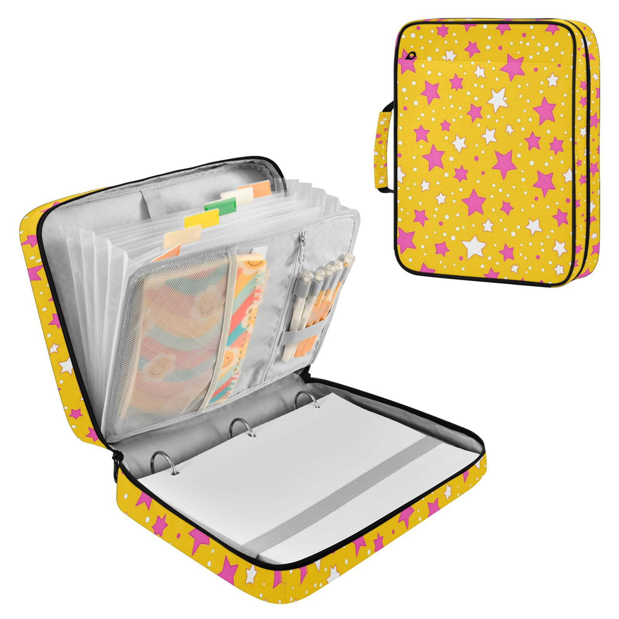FORMRS Accordion File Folder A4 Size 7-Pocket Expanding Document Organizer Bag with 3 Ring Binder, Pink Stars