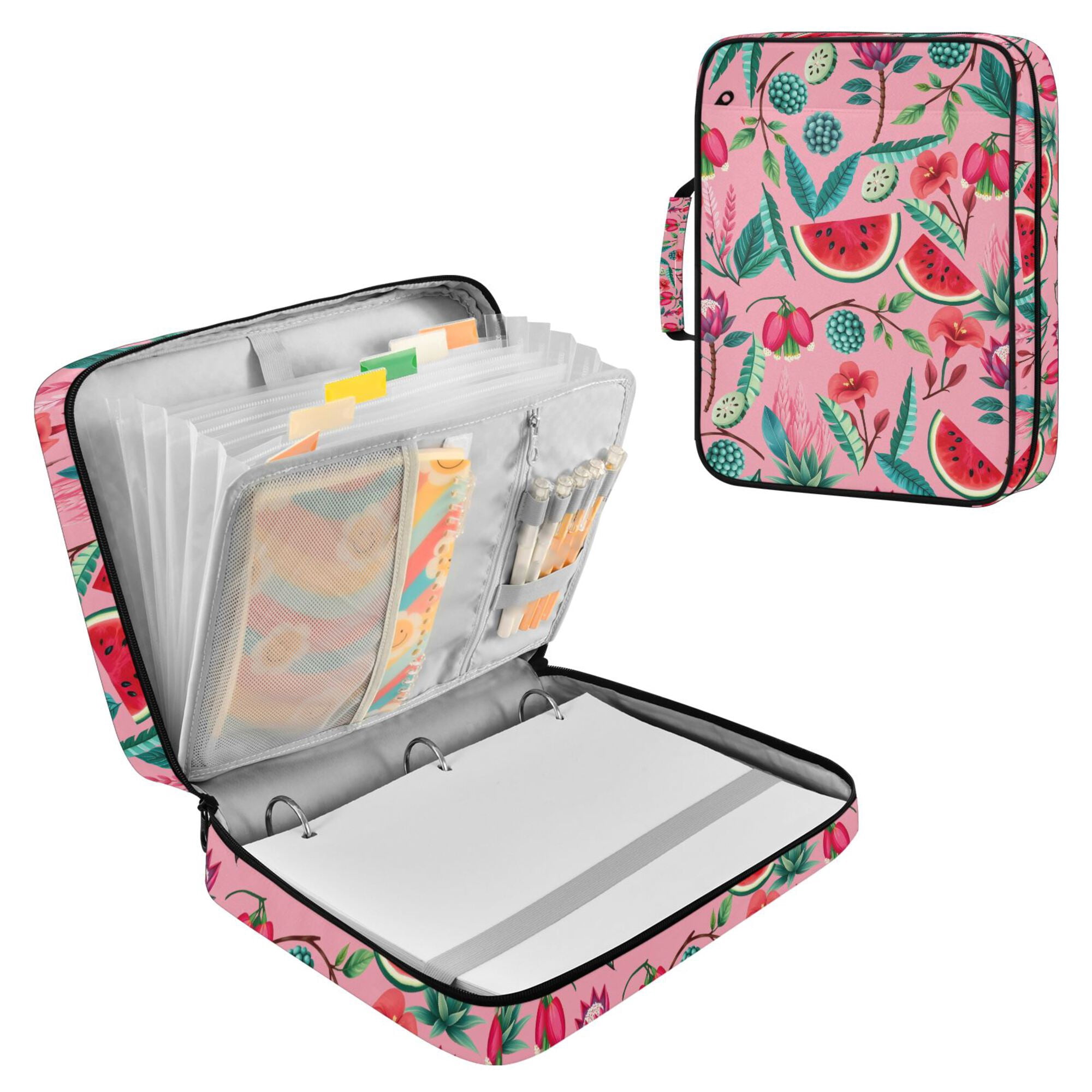 FORMRS Accordion File Folder A4 Size 7-Pocket Expanding Document Organizer Bag with 3 Ring Binder, Pink Tropical Pattern