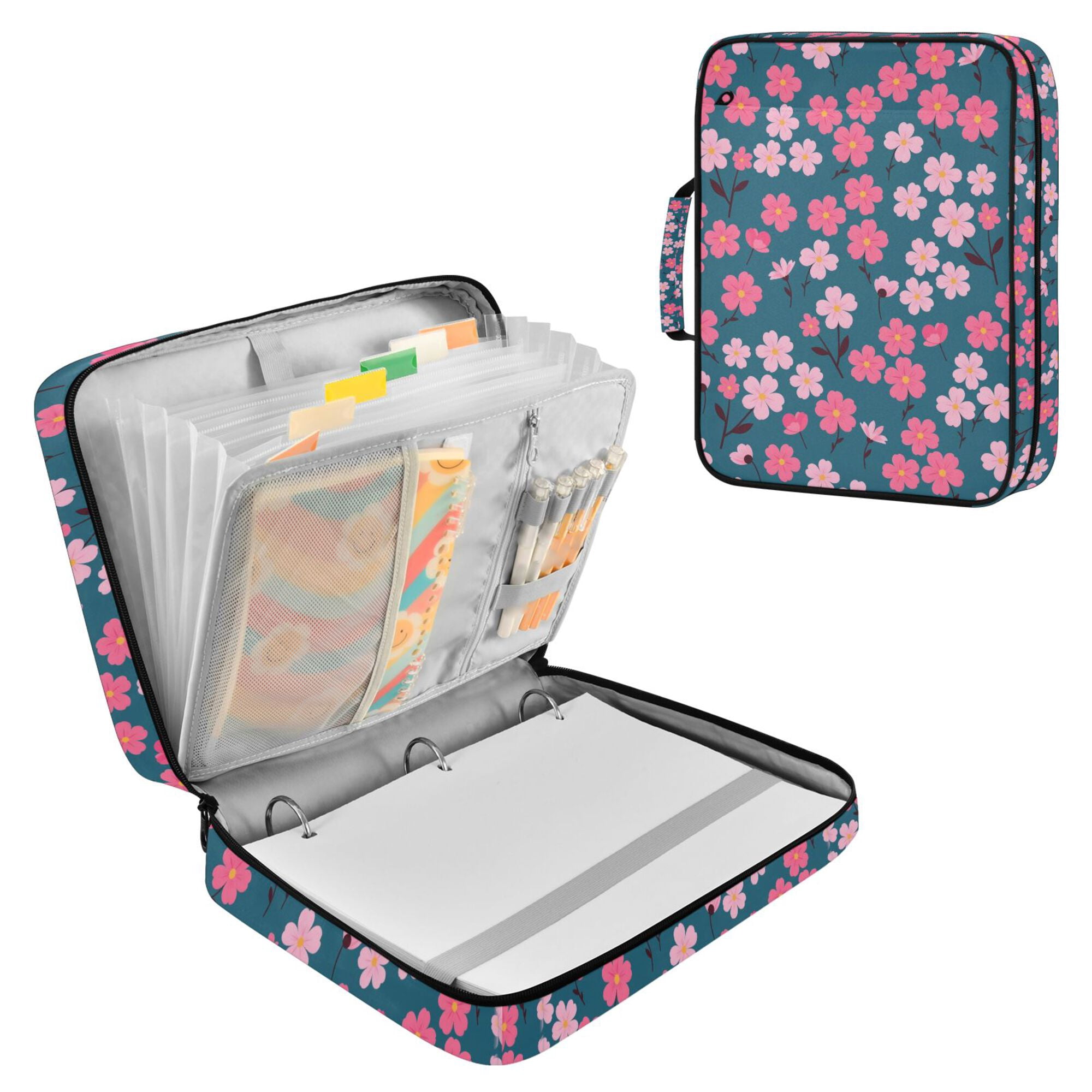 FORMRS Accordion File Folder A4 Size 7-Pocket Expanding Document Organizer Bag with 3 Ring Binder, Pink Vibrant Flowers Pattern