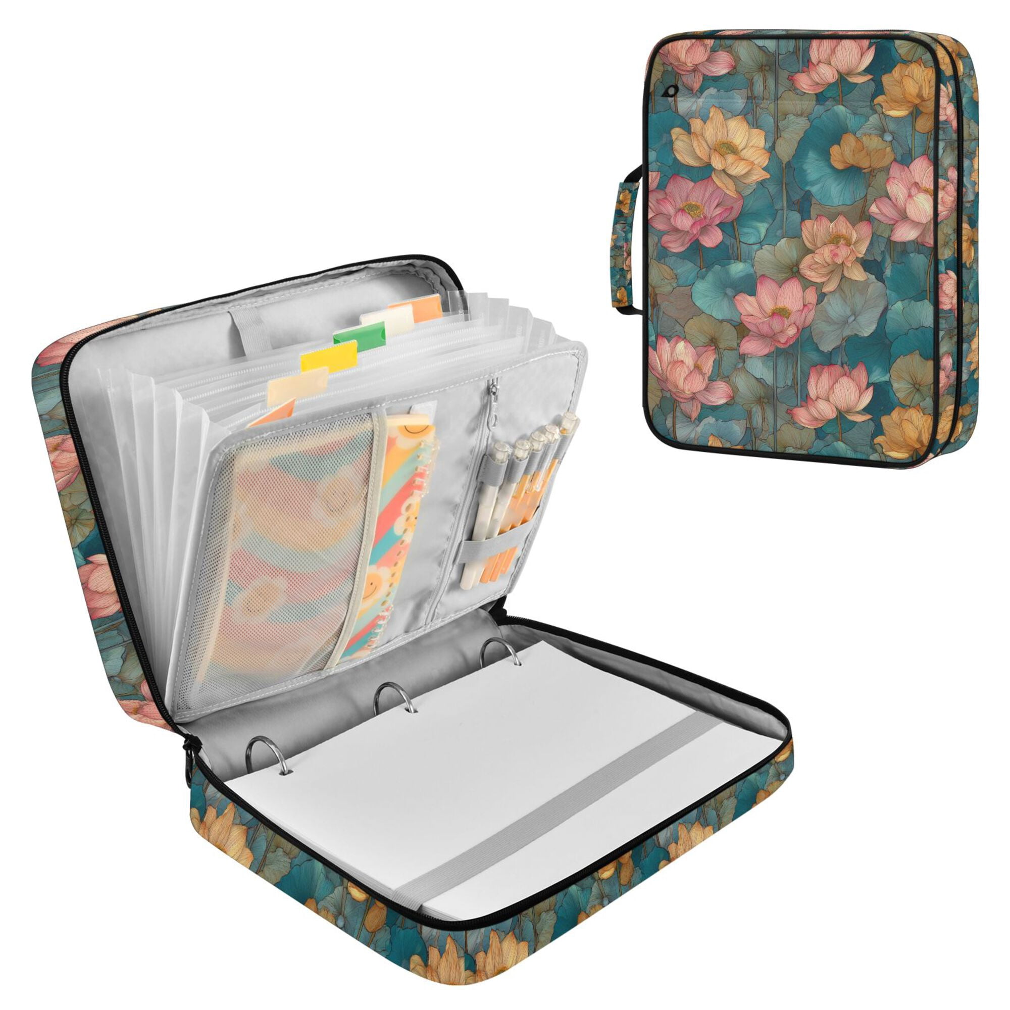 FORMRS Accordion File Folder A4 Size 7-Pocket Expanding Document Organizer Bag with 3 Ring Binder, Pink Water Lilies Pattern