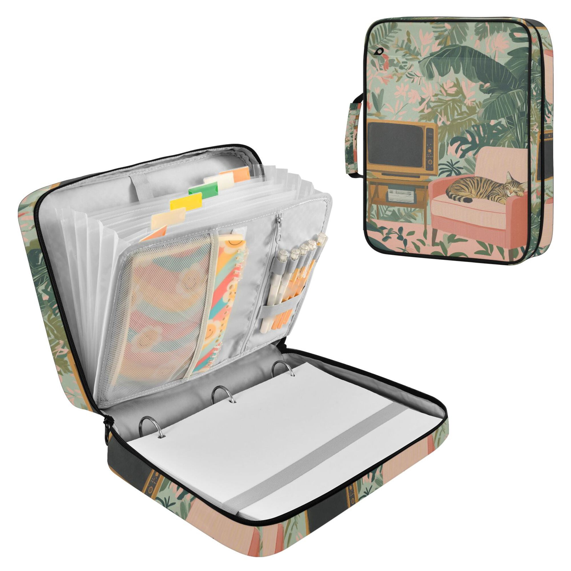 FORMRS Accordion File Folder A4 Size 7-Pocket Expanding Document Organizer Bag with 3 Ring Binder, Pink and Green Cat