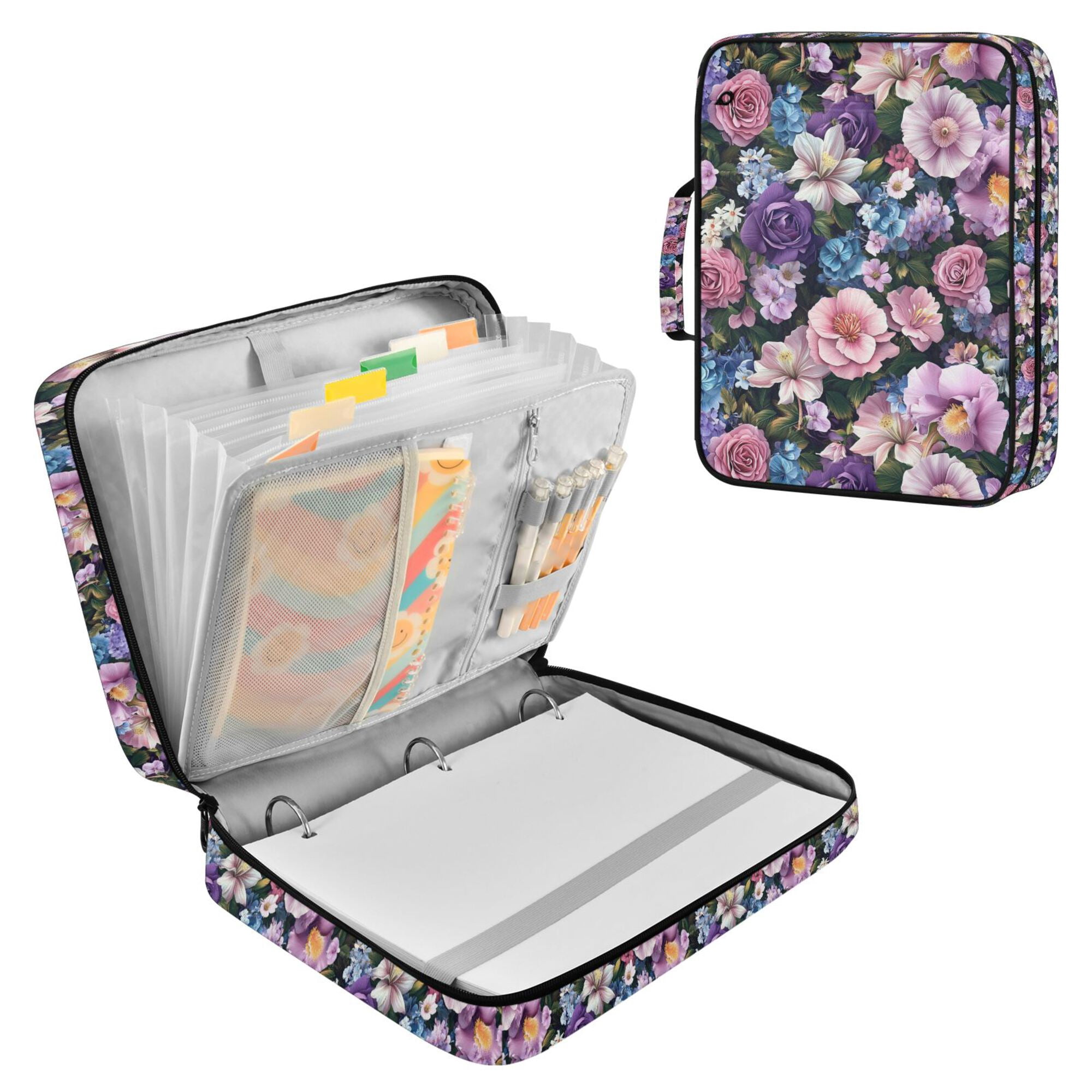FORMRS Accordion File Folder A4 Size 7-Pocket Expanding Document Organizer Bag with 3 Ring Binder, Pink and Purple Flowers