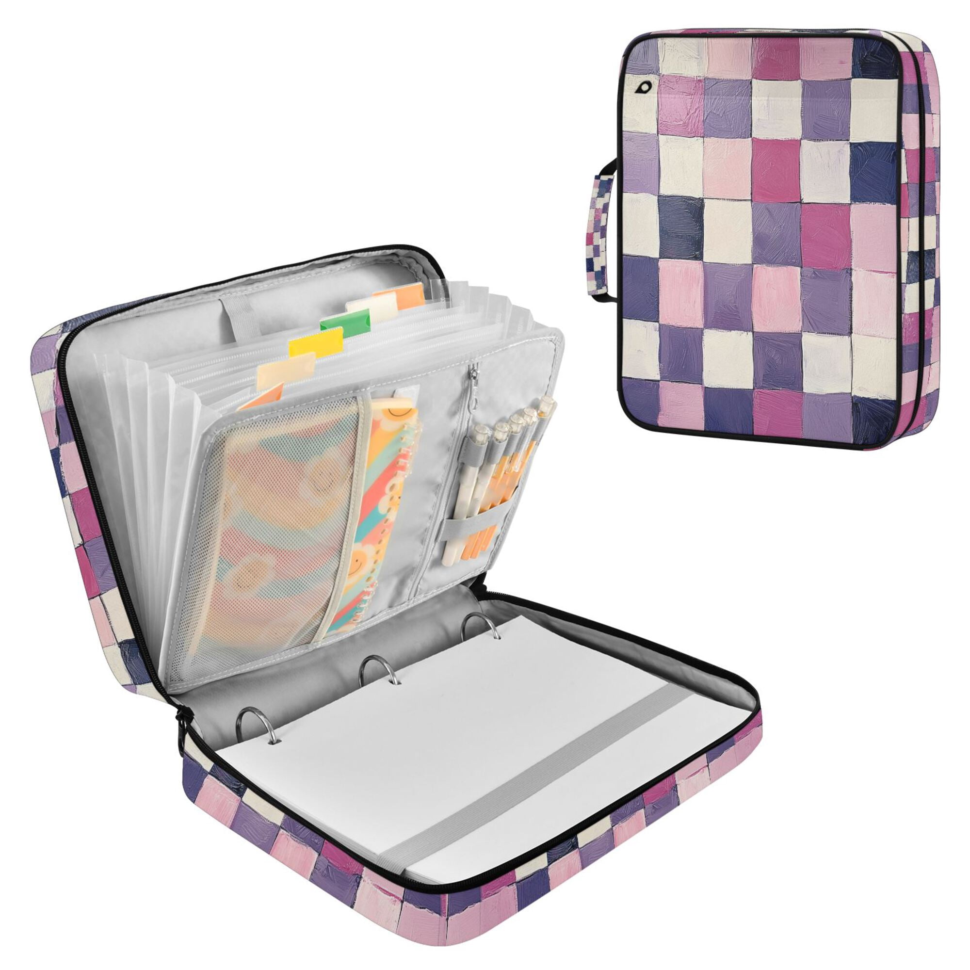 FORMRS Accordion File Folder A4 Size 7-Pocket Expanding Document Organizer Bag with 3 Ring Binder, Pink and Purple Plaid Pattern