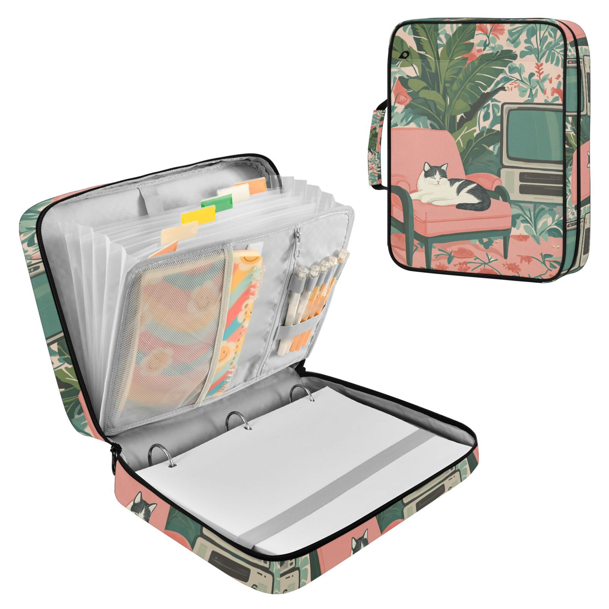 FORMRS Accordion File Folder A4 Size 7-Pocket Expanding Document Organizer Bag with 3 Ring Binder, Pink and White Cat