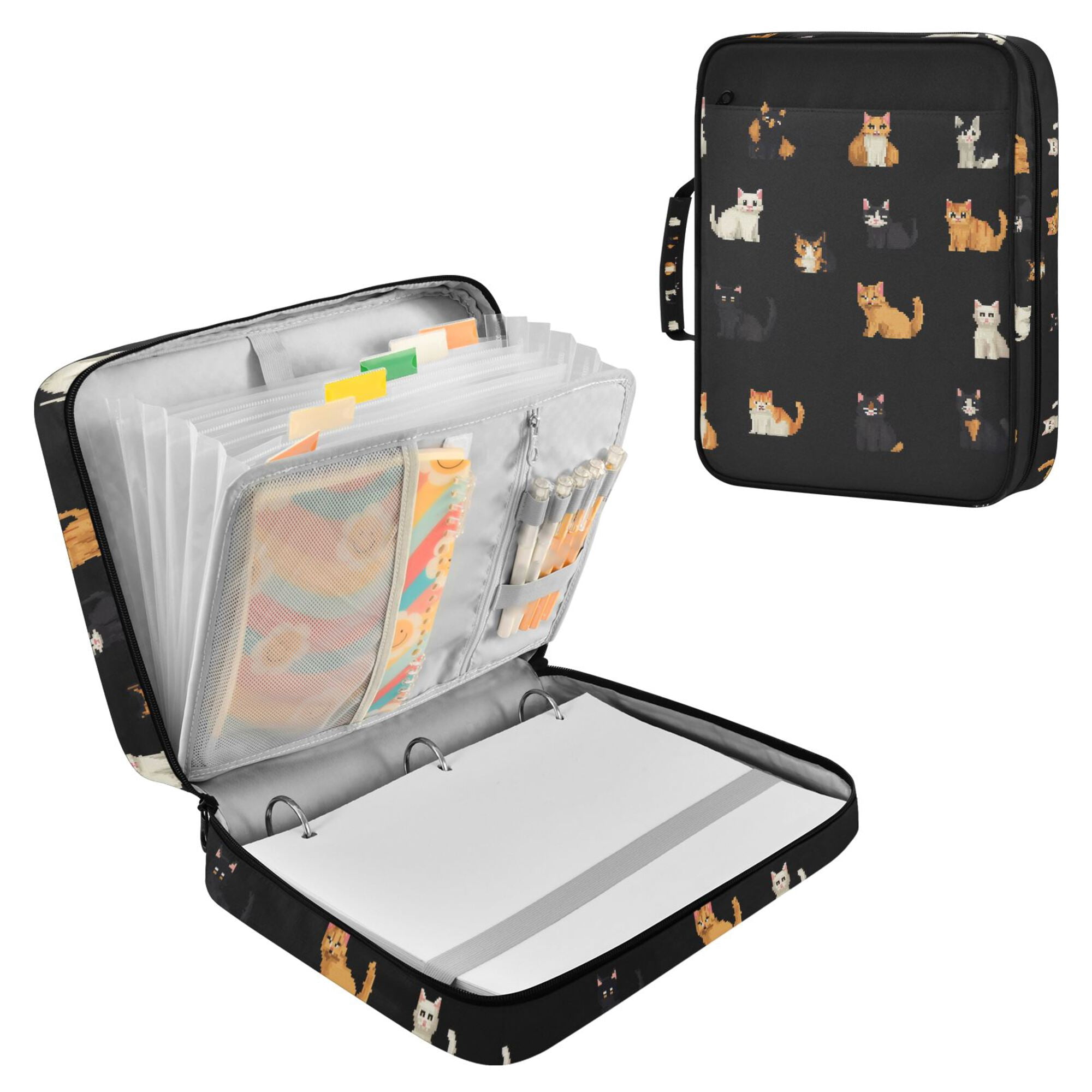 FORMRS Accordion File Folder A4 Size 7-Pocket Expanding Document Organizer Bag with 3 Ring Binder, Pixel Cat