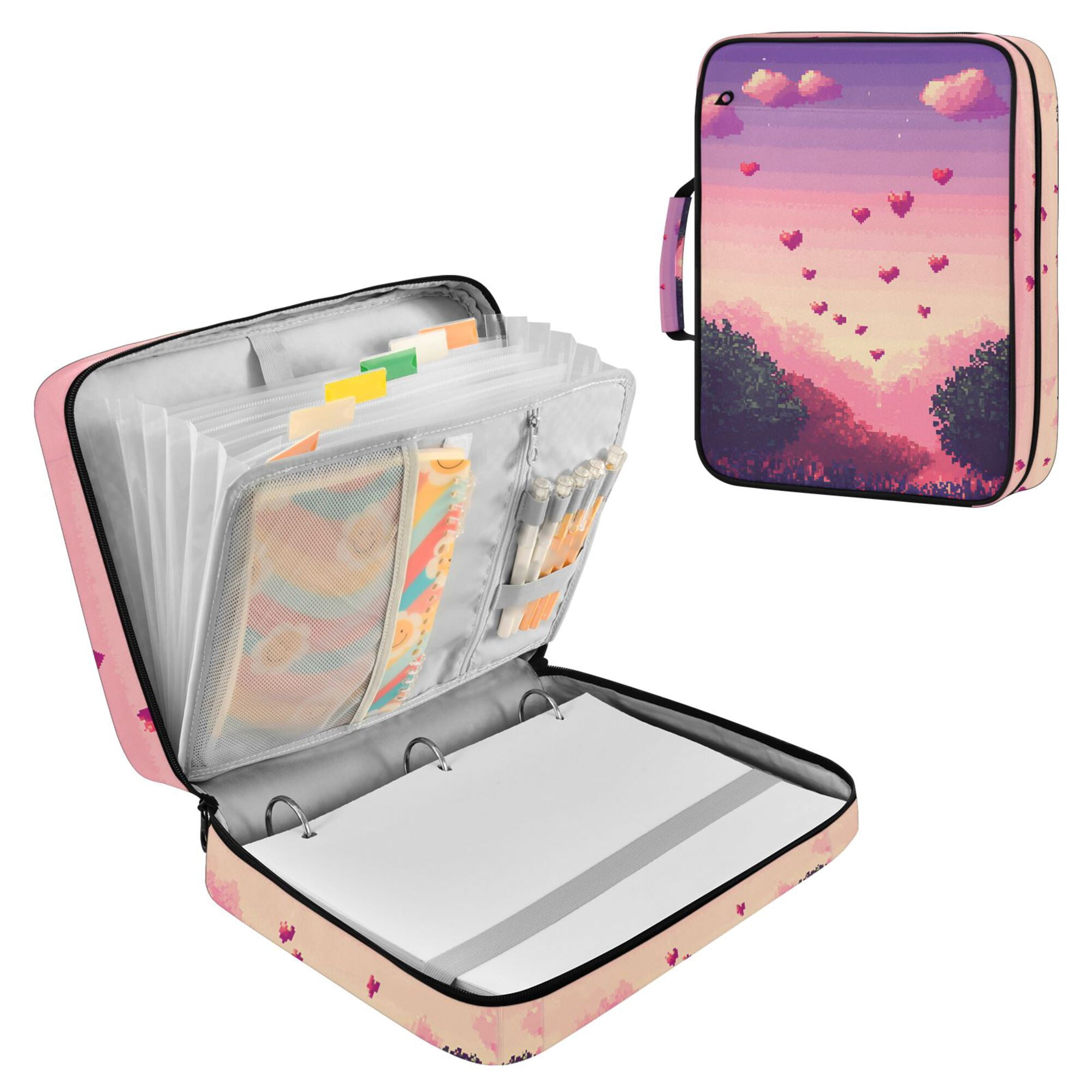 FORMRS Accordion File Folder A4 Size 7-Pocket Expanding Document Organizer Bag with 3 Ring Binder, Pixel Floating Hearts