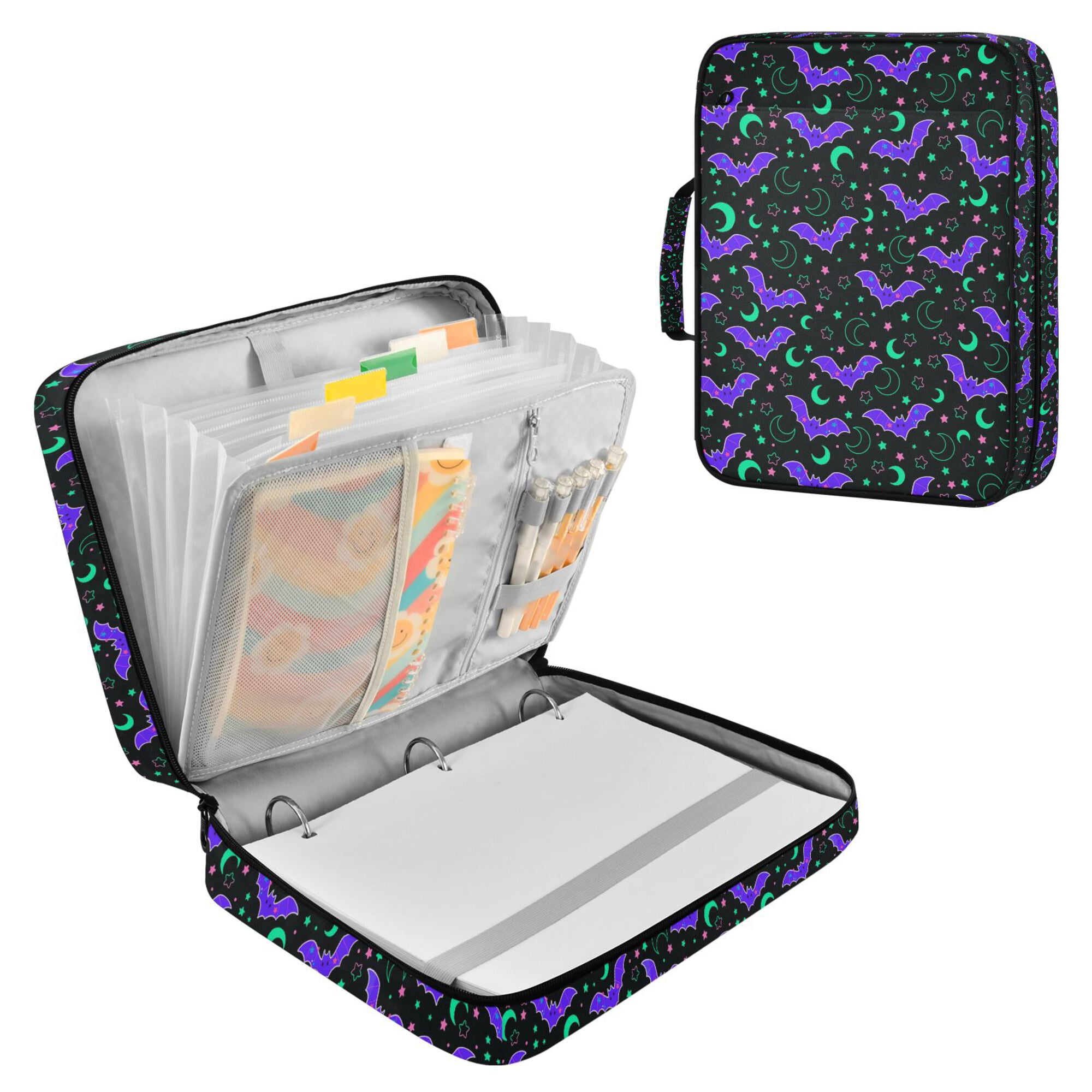 FORMRS Accordion File Folder A4 Size 7-Pocket Expanding Document Organizer Bag with 3 Ring Binder, Purple Cartoon Bats Pattern