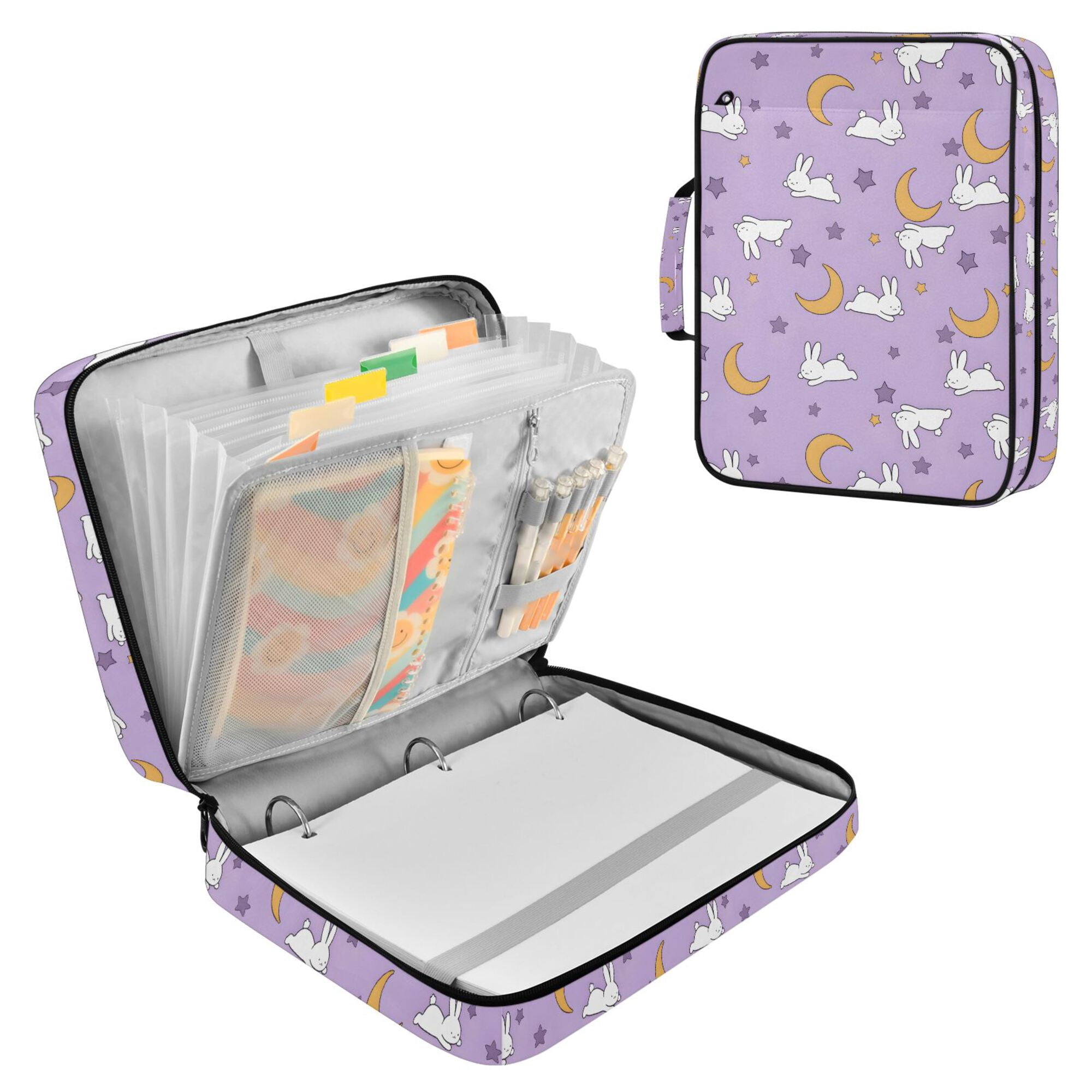 FORMRS Accordion File Folder A4 Size 7-Pocket Expanding Document Organizer Bag with 3 Ring Binder, Purple Cartoon Rabbit Pattern
