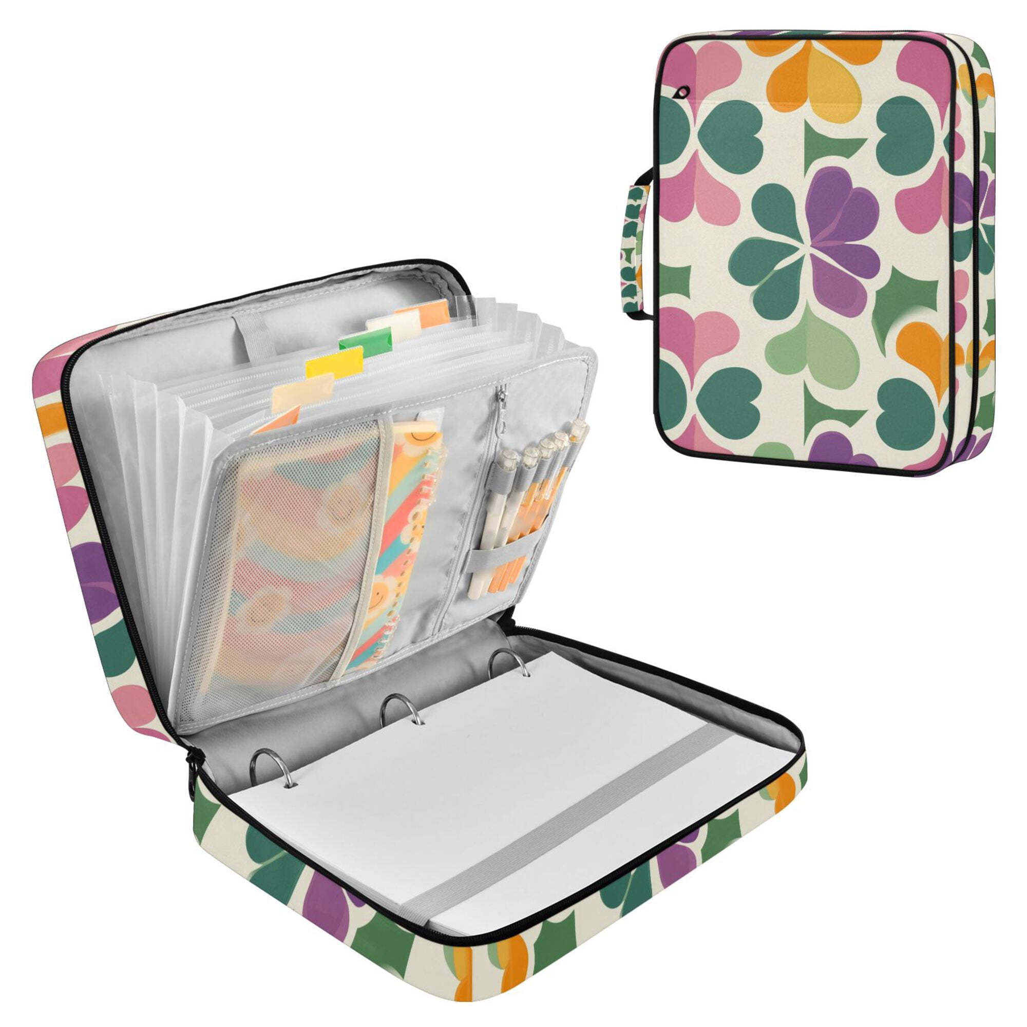 FORMRS Accordion File Folder A4 Size 7-Pocket Expanding Document Organizer Bag with 3 Ring Binder, Purple Clover Pattern