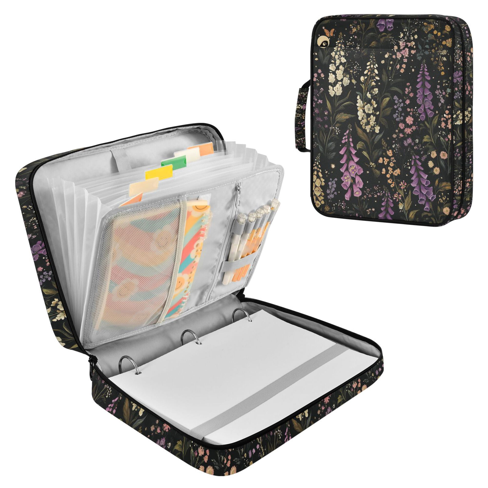 FORMRS Accordion File Folder A4 Size 7-Pocket Expanding Document Organizer Bag with 3 Ring Binder, Purple Floral Pattern