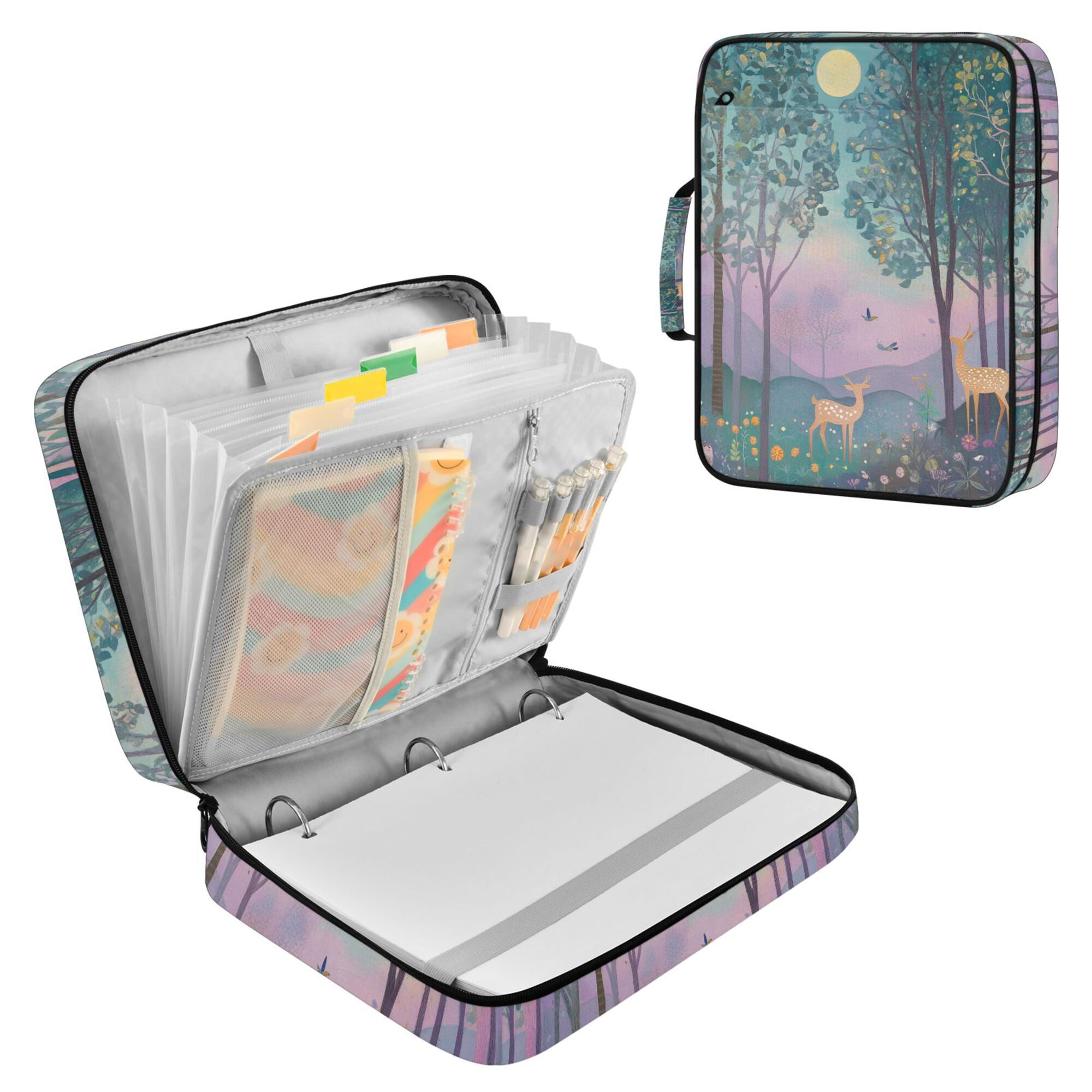 FORMRS Accordion File Folder A4 Size 7-Pocket Expanding Document Organizer Bag with 3 Ring Binder, Purple Forest Scene