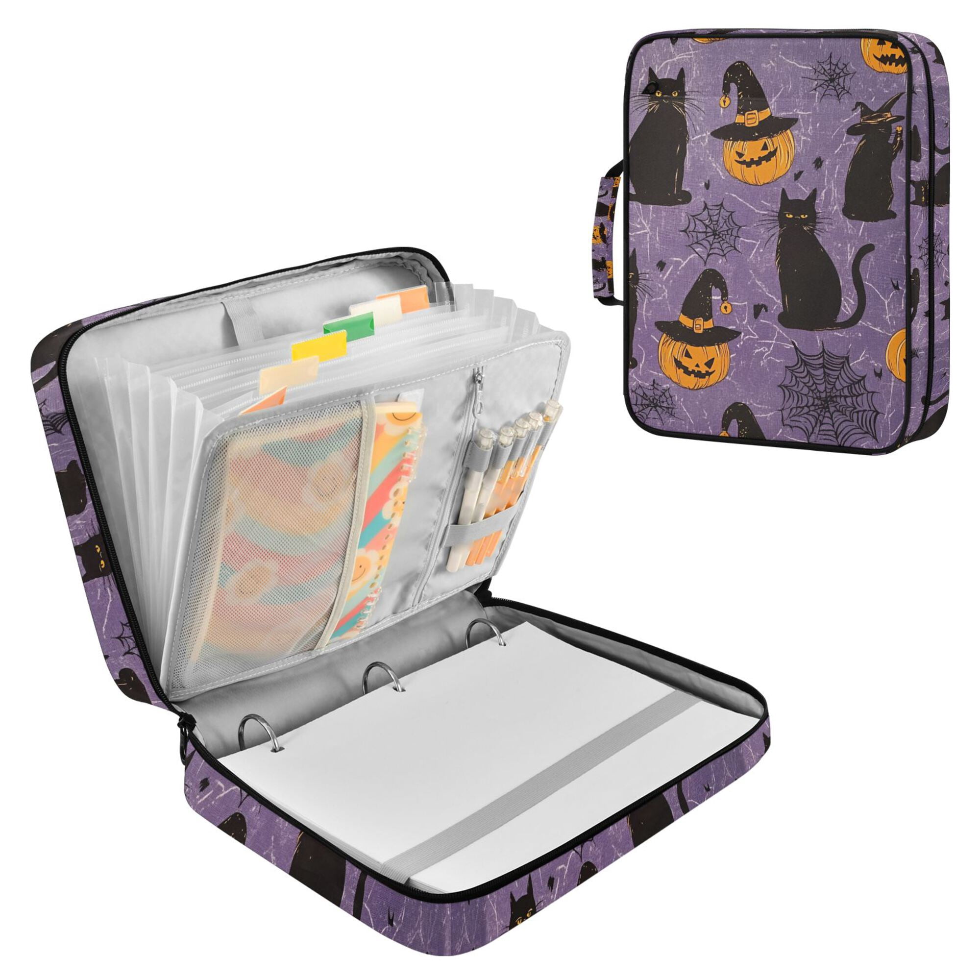 FORMRS Accordion File Folder A4 Size 7-Pocket Expanding Document Organizer Bag with 3 Ring Binder, Purple Halloween Black Cat