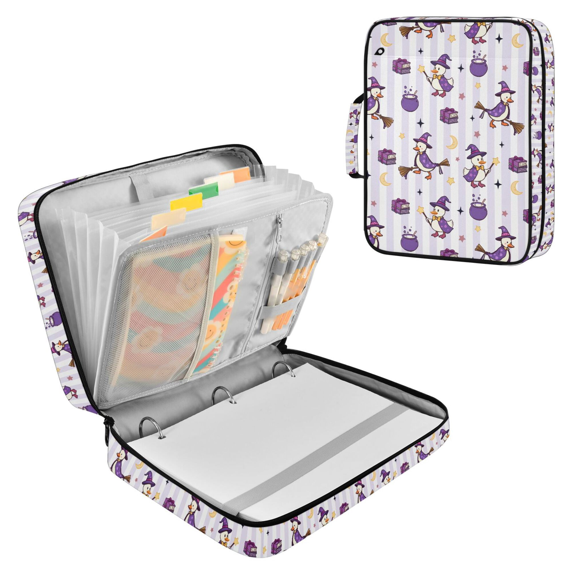 FORMRS Accordion File Folder A4 Size 7-Pocket Expanding Document Organizer Bag with 3 Ring Binder, Purple Halloween Gooses