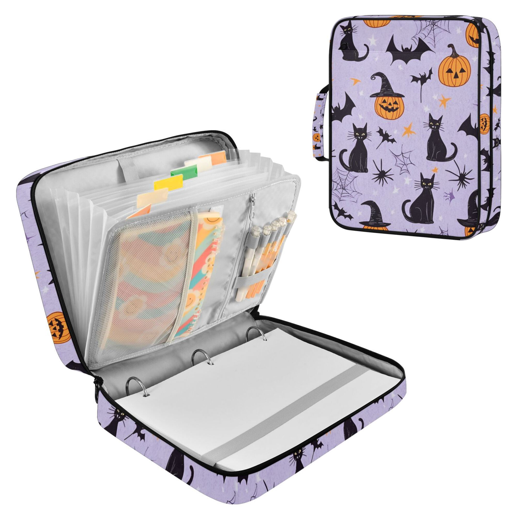 FORMRS Accordion File Folder A4 Size 7-Pocket Expanding Document Organizer Bag with 3 Ring Binder, Purple Halloween Pumpkin